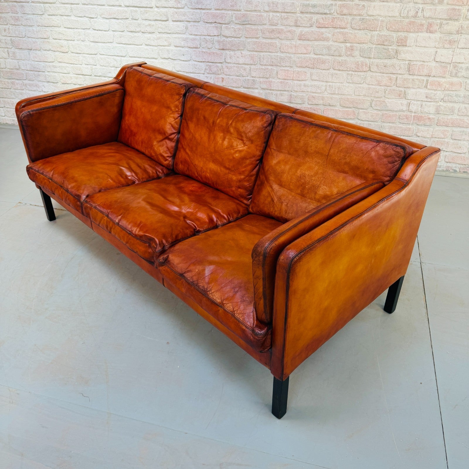 Vintage 1970s Thams Kvalitet Danish Cognac Hand-Dyed Leather Three Seater Sofa