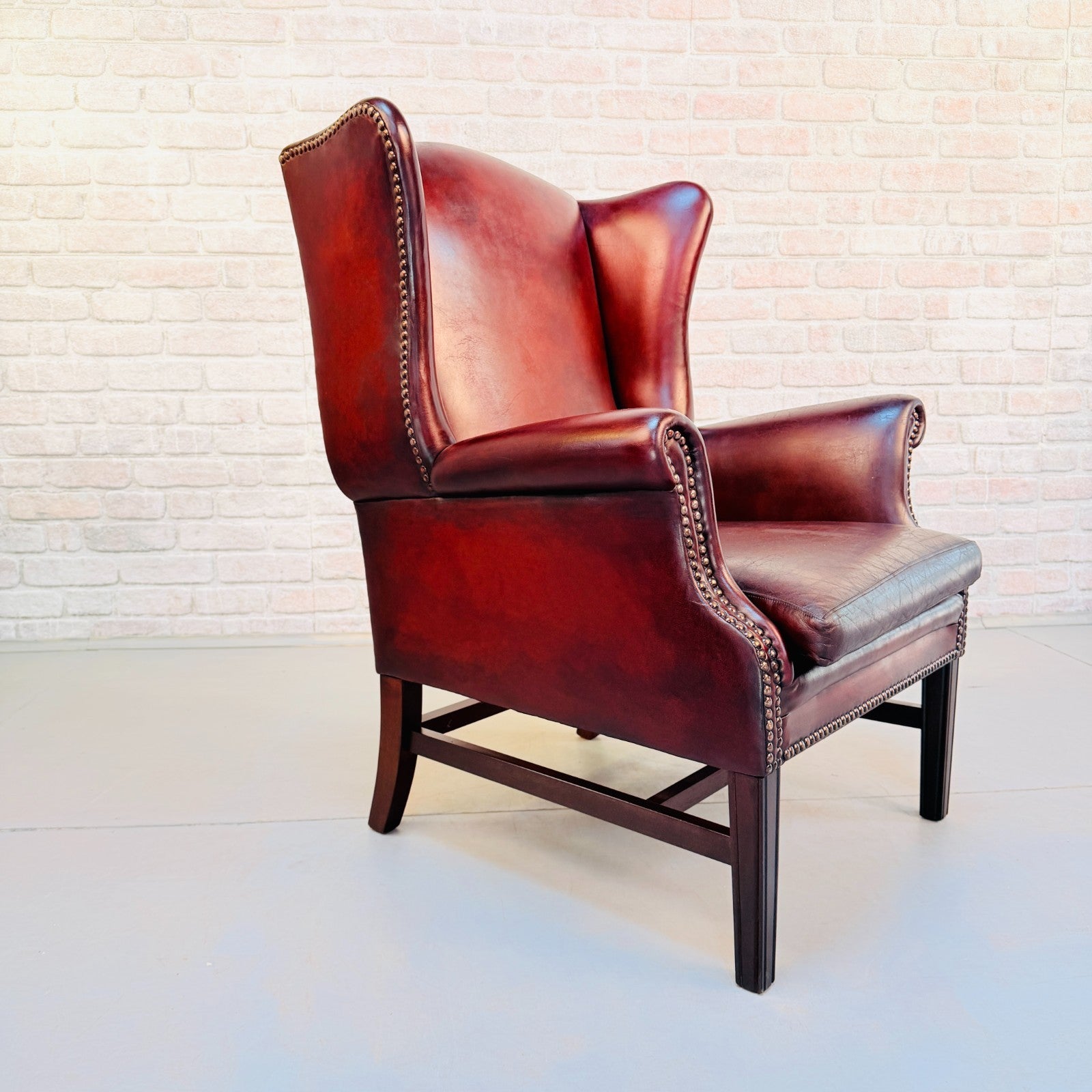 Vintage Danish Deep Red Leather Wingback Chair Hand Dyed Chestnut Patina