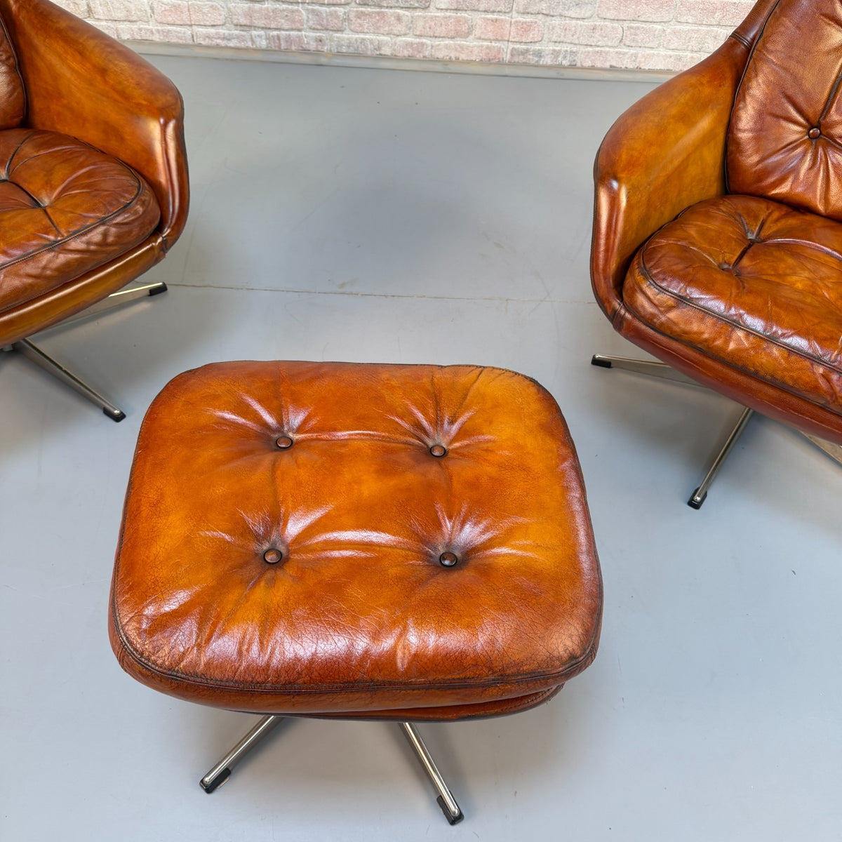 Vintage 1970s H.W. Klein Danish Tan Leather Swivel Egg Chairs & Footstool