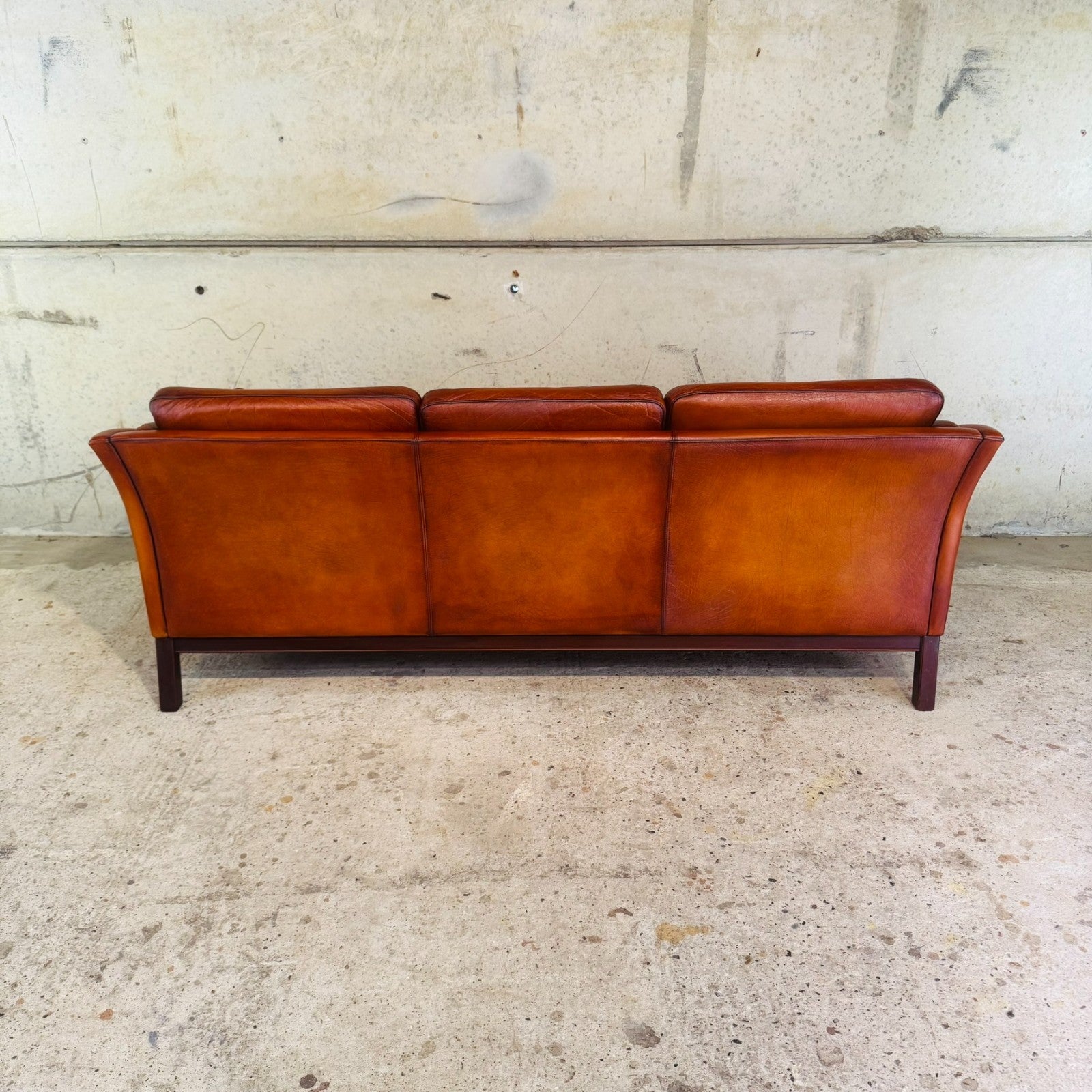 1970s Danish Cognac Leather 3 Seater Sofa — Curved Arms & Beech Plinth
