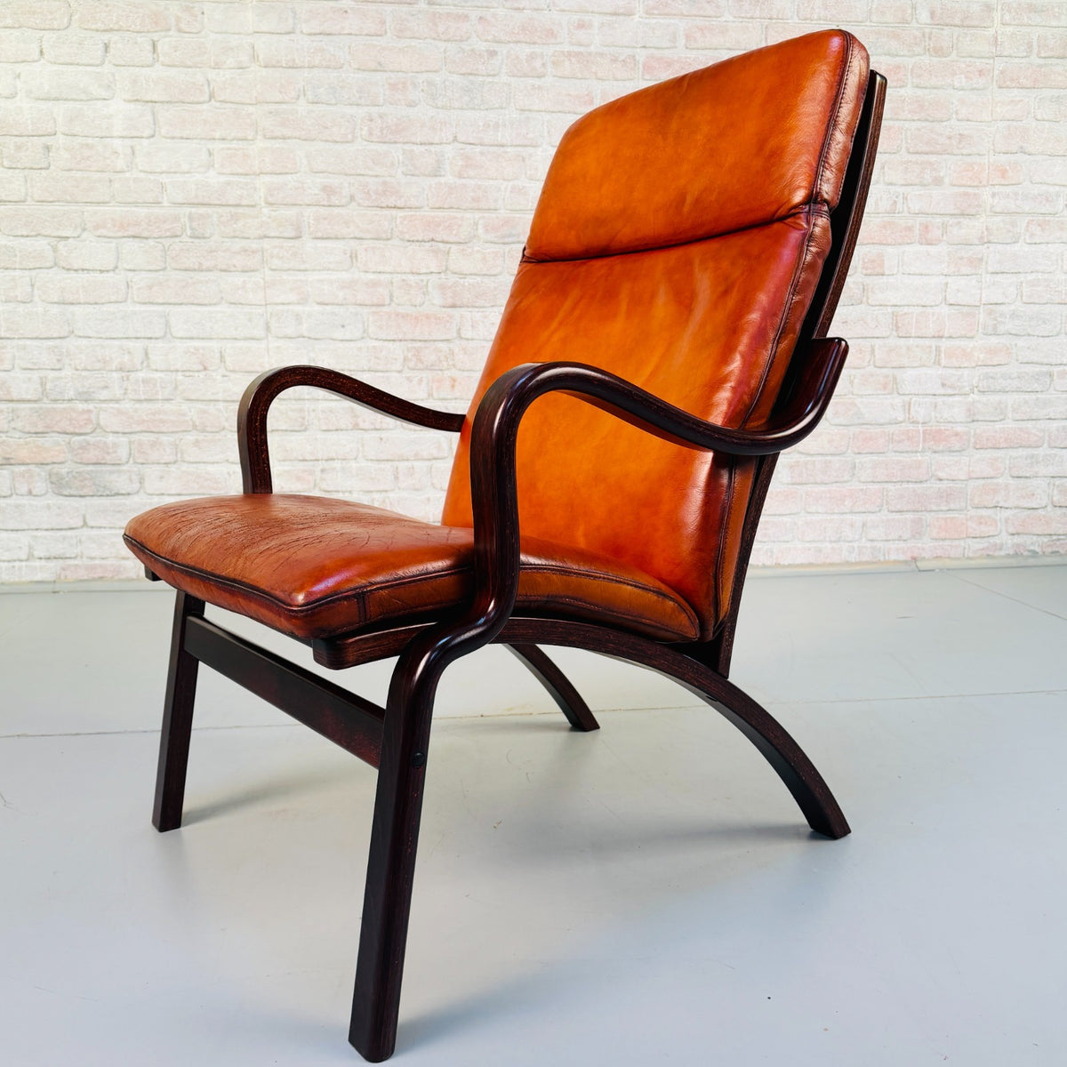 Vintage Danish Stouby Cognac Tan Leather Lounge Armchair Bentwood Beech Frame