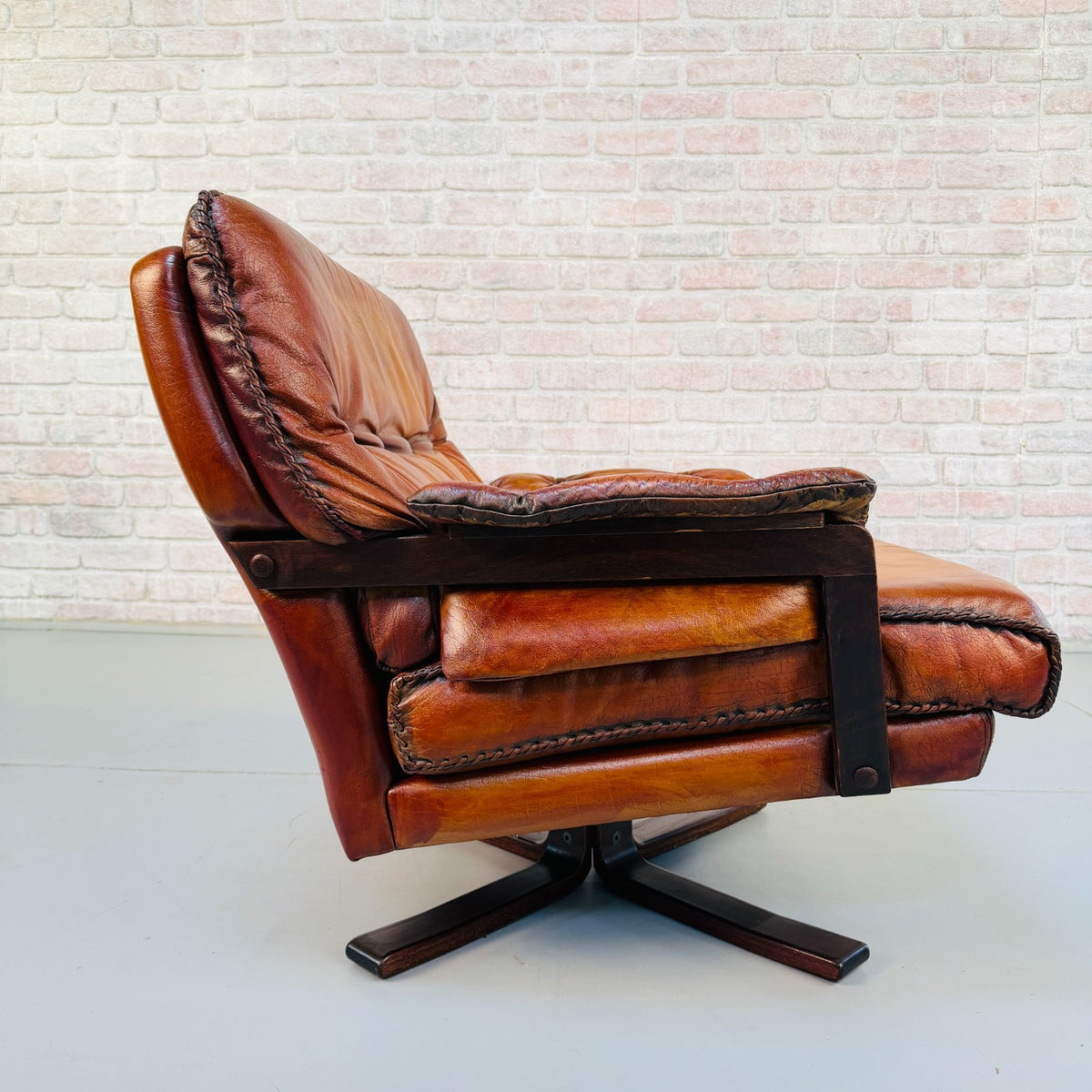 Vintage 1970s Arne Norell Swedish Tan Leather Swivel Chair & Footstool