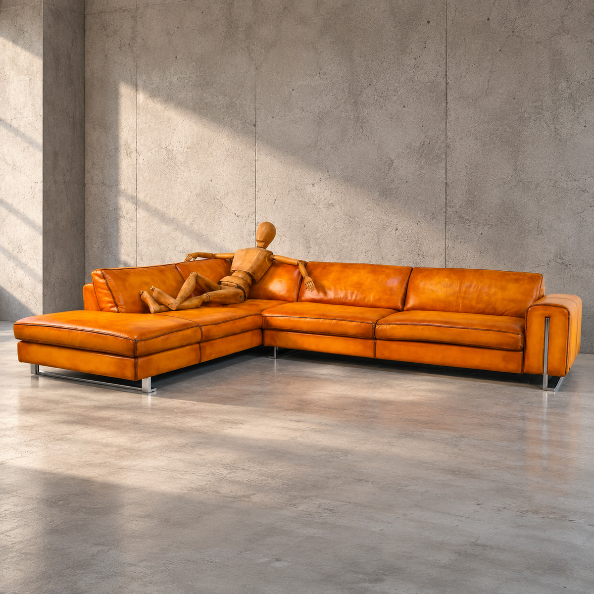 Roche Bobois Hand Dyed Cognac Leather Light Tan Corner Sofa Chaise
