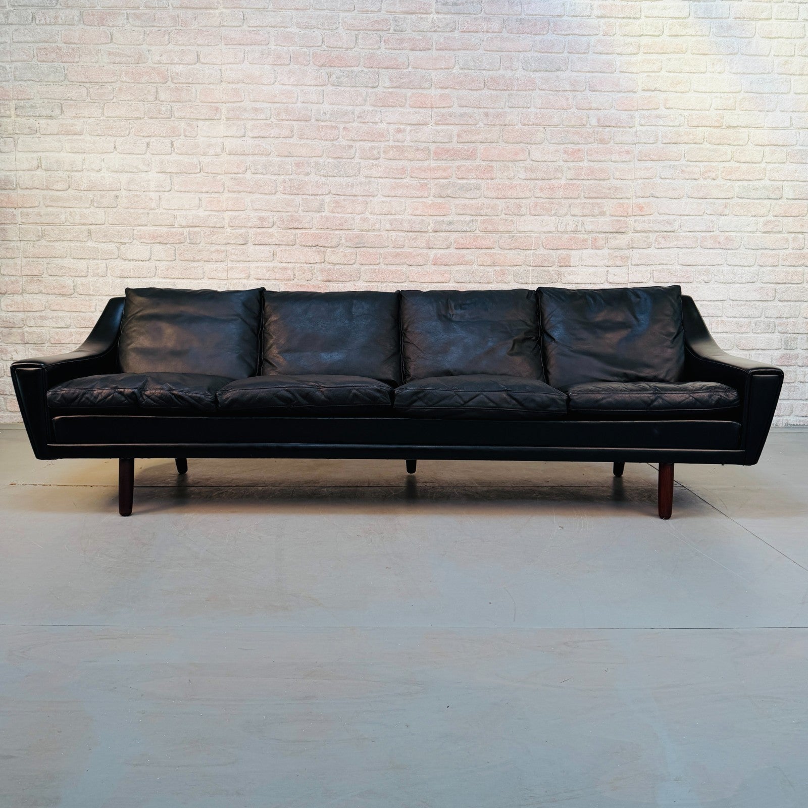 Vintage 1970s Danish George Thams Black Hand-Dyed Leather Four Seater Sofa