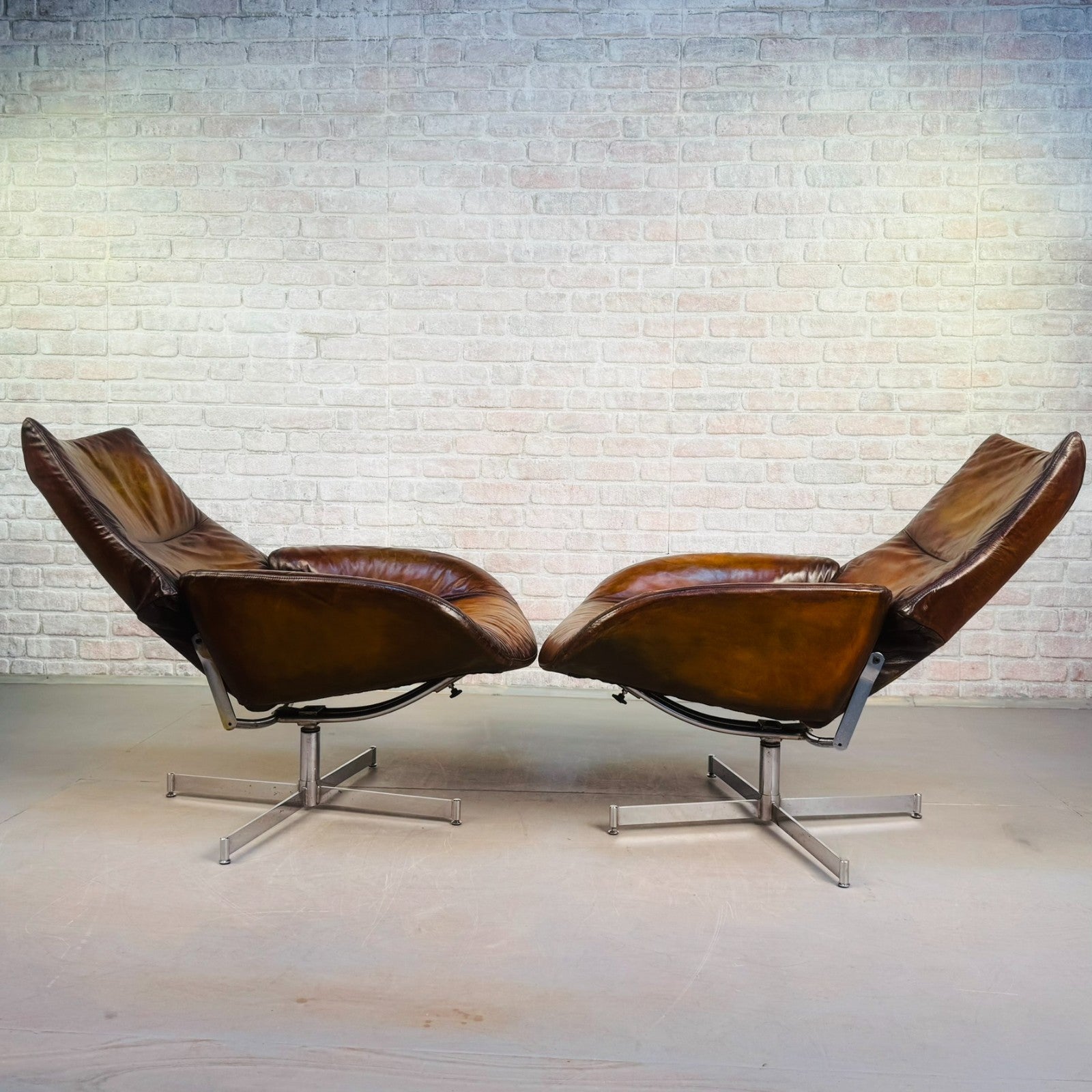 Stylish Vintage Danish Tan Leather Swivel Reclining Armchairs – Beautiful Patina