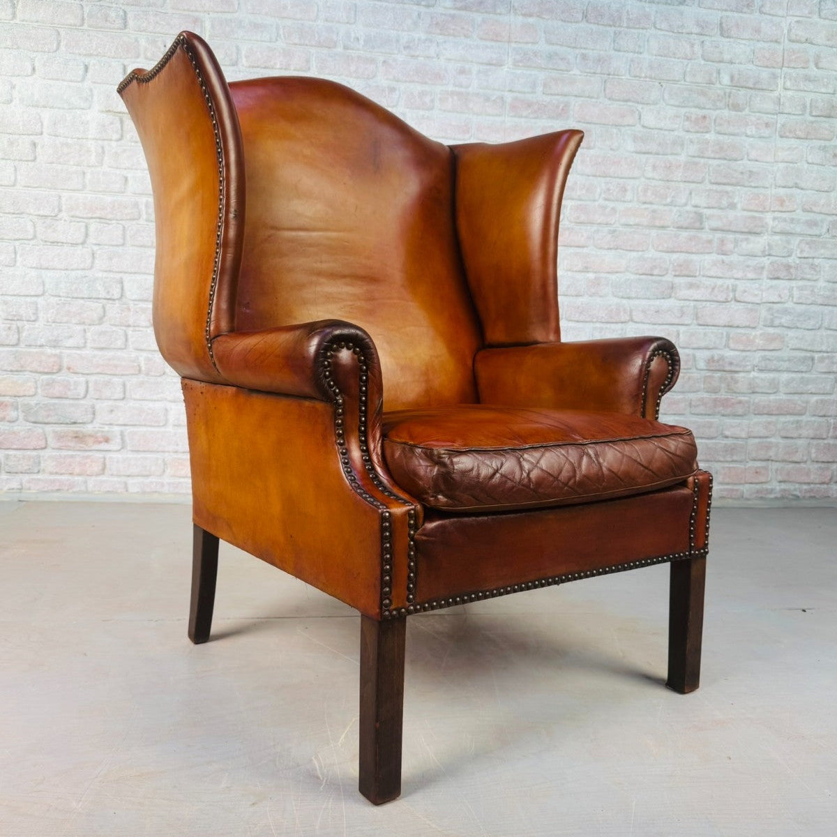 Vintage George III Style English Tan Leather Wingback Chair c.1940