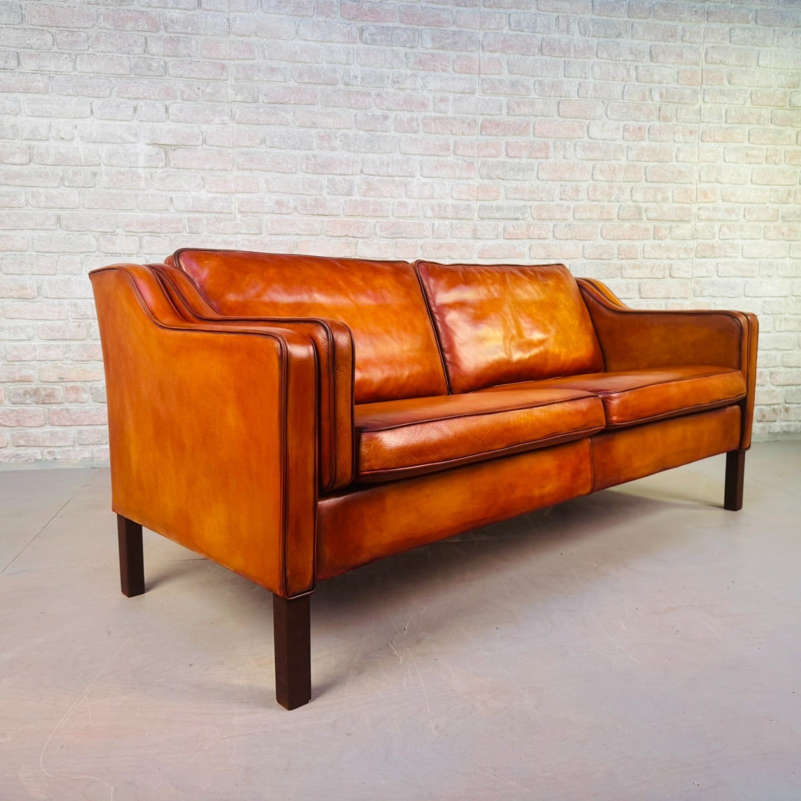 Stylish Pair of Vintage Danish Tan Leather 2.5 Seater Sofas