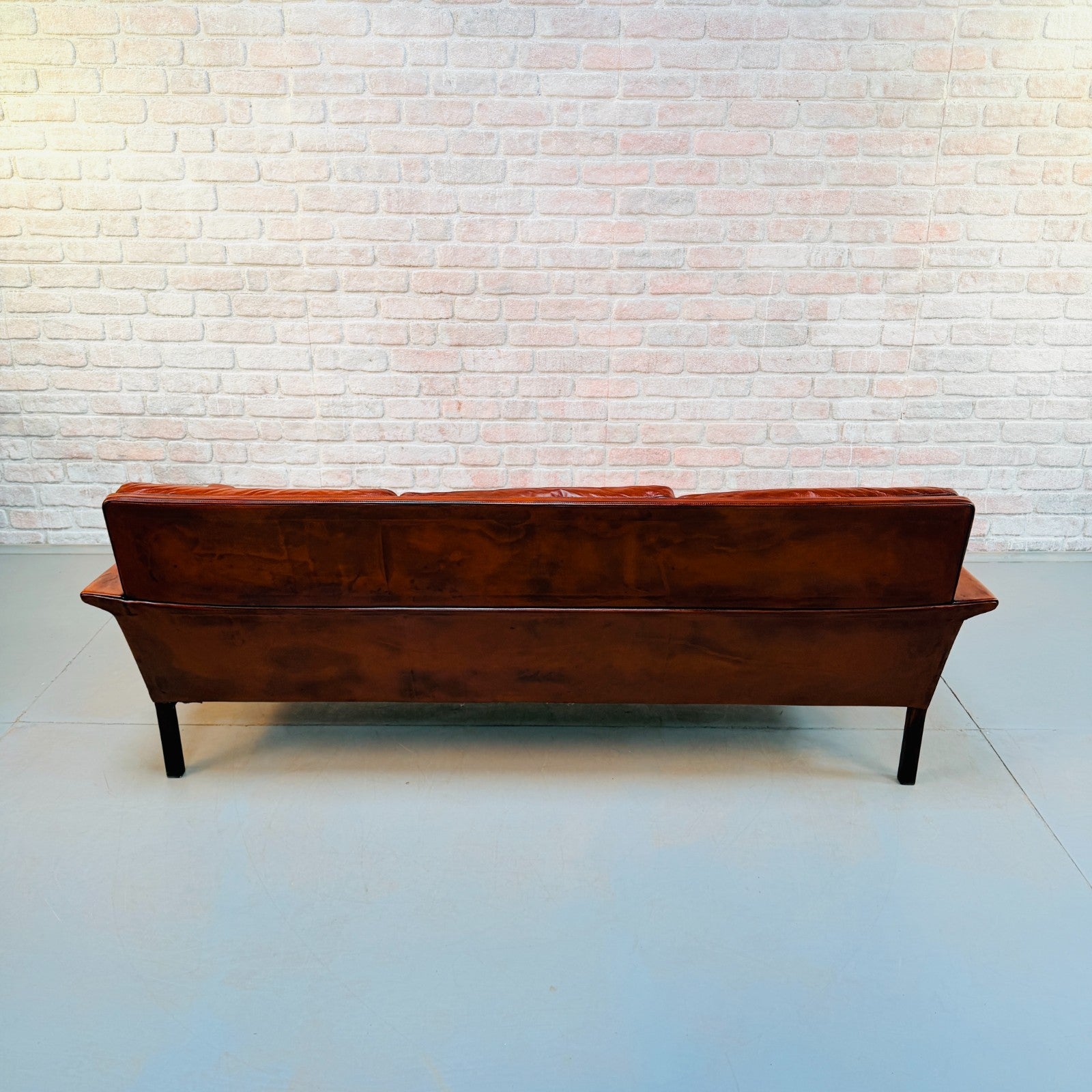 Vintage 1960s Danish Hans Olsen Brown Hand-Dyed Leather Three Seater Sofa
