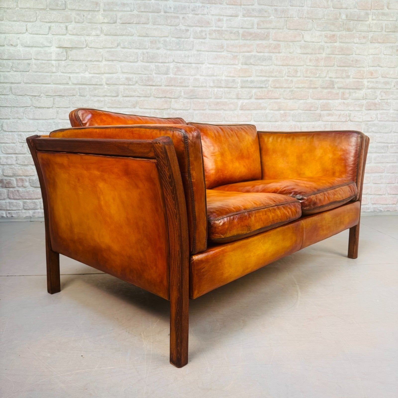 Vintage Danish Stouby Tan Leather Two Seater Sofa
