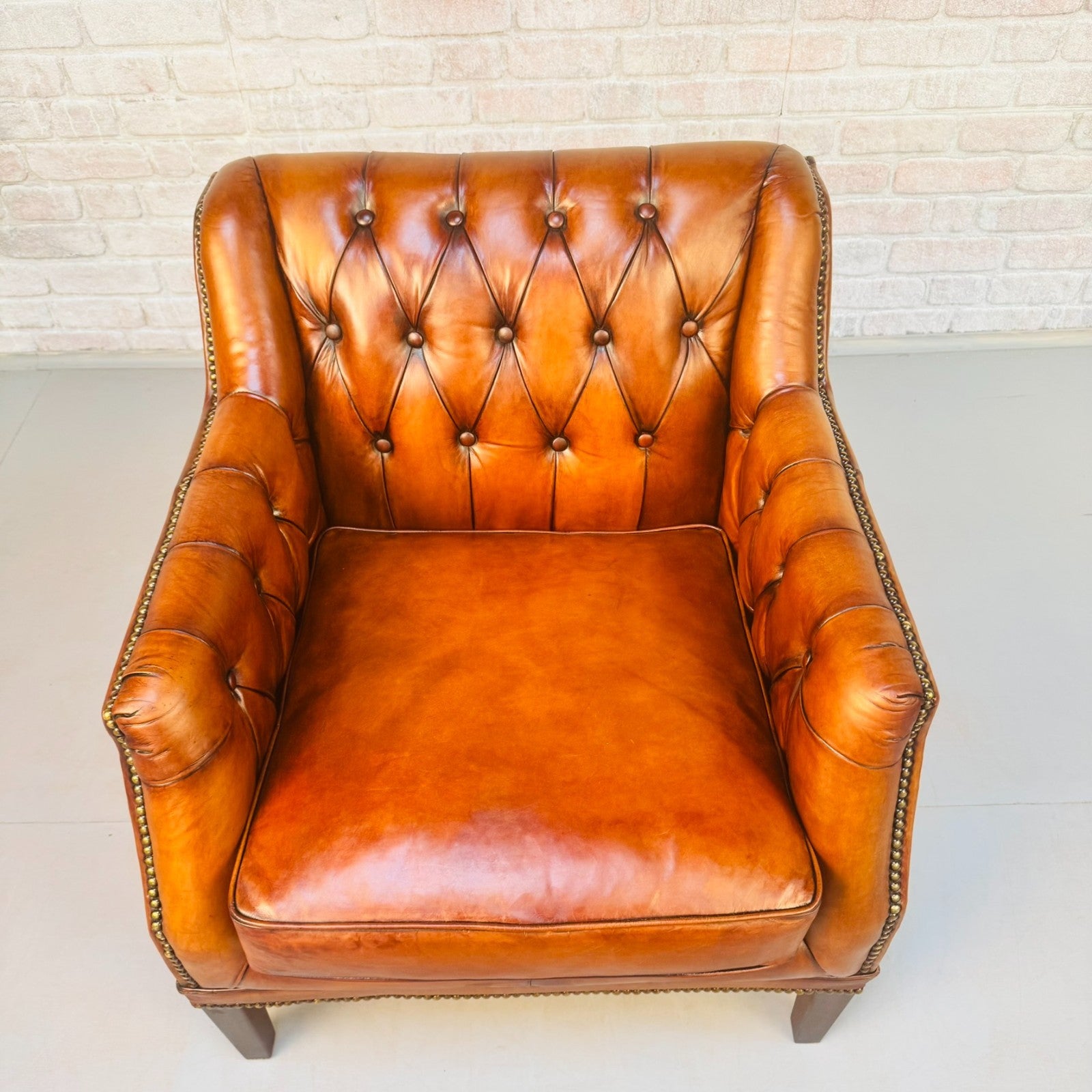 Vintage Chesterfield Armchair & Footstool Tan Leather Cognac Lounge Chair