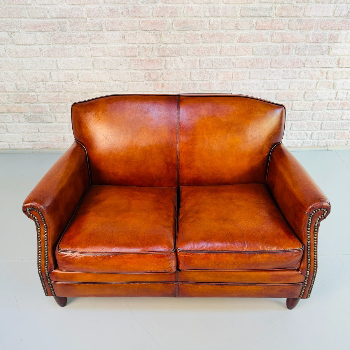 Vintage English Club Hand Dyed Cognac Tan Leather 2 Seater Sofa