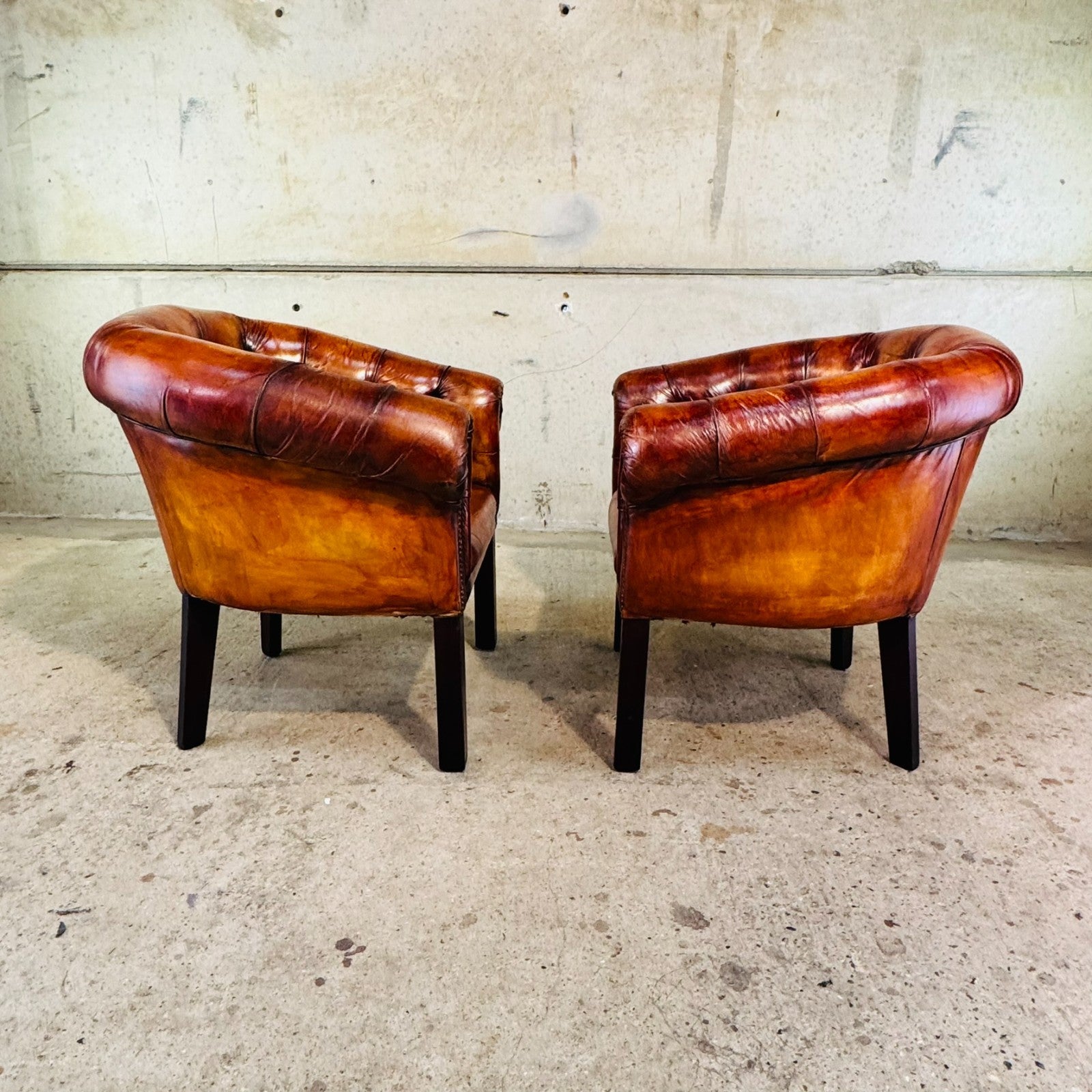 Pair of Elegant English Made Vintage Chesterfield Tan Leather Tub Chairs