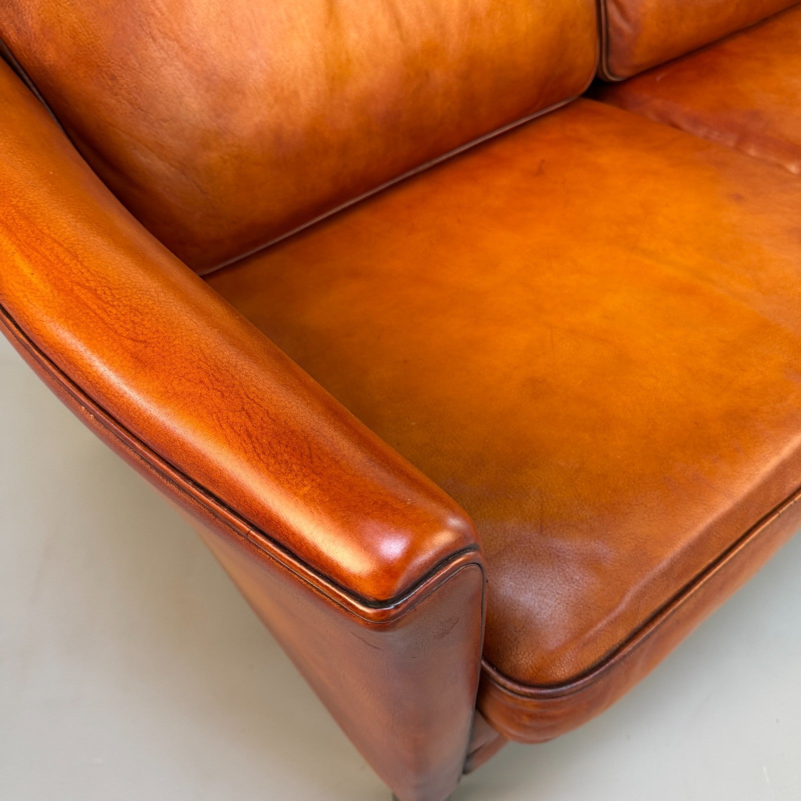 Vintage 1970s Danish Mogens Hansen Long Tan Leather Three Seater Sofa