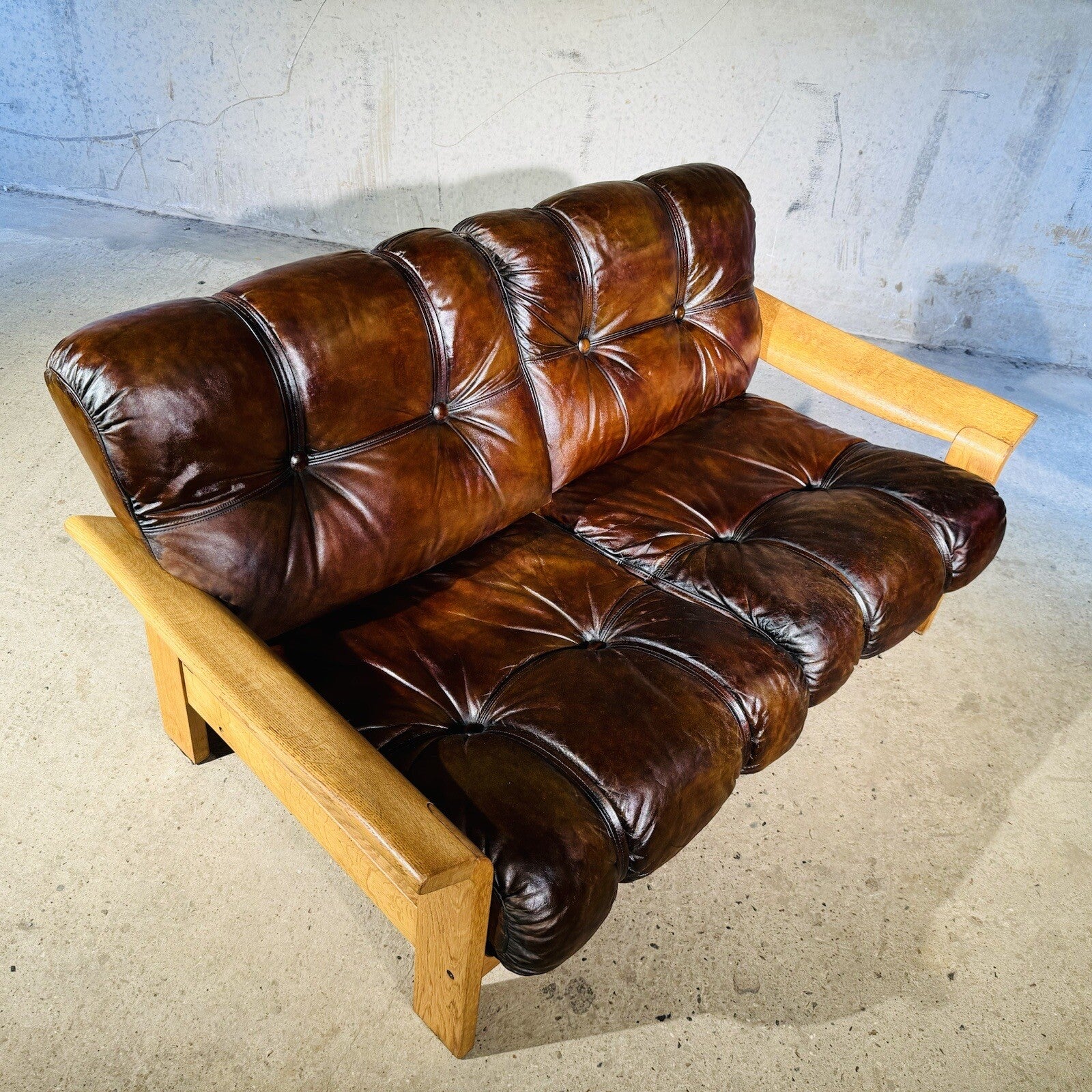 Nielaus Møbler Two-Seater Sofa Danish Design, Solid Oak, Hand-Dyed Leather