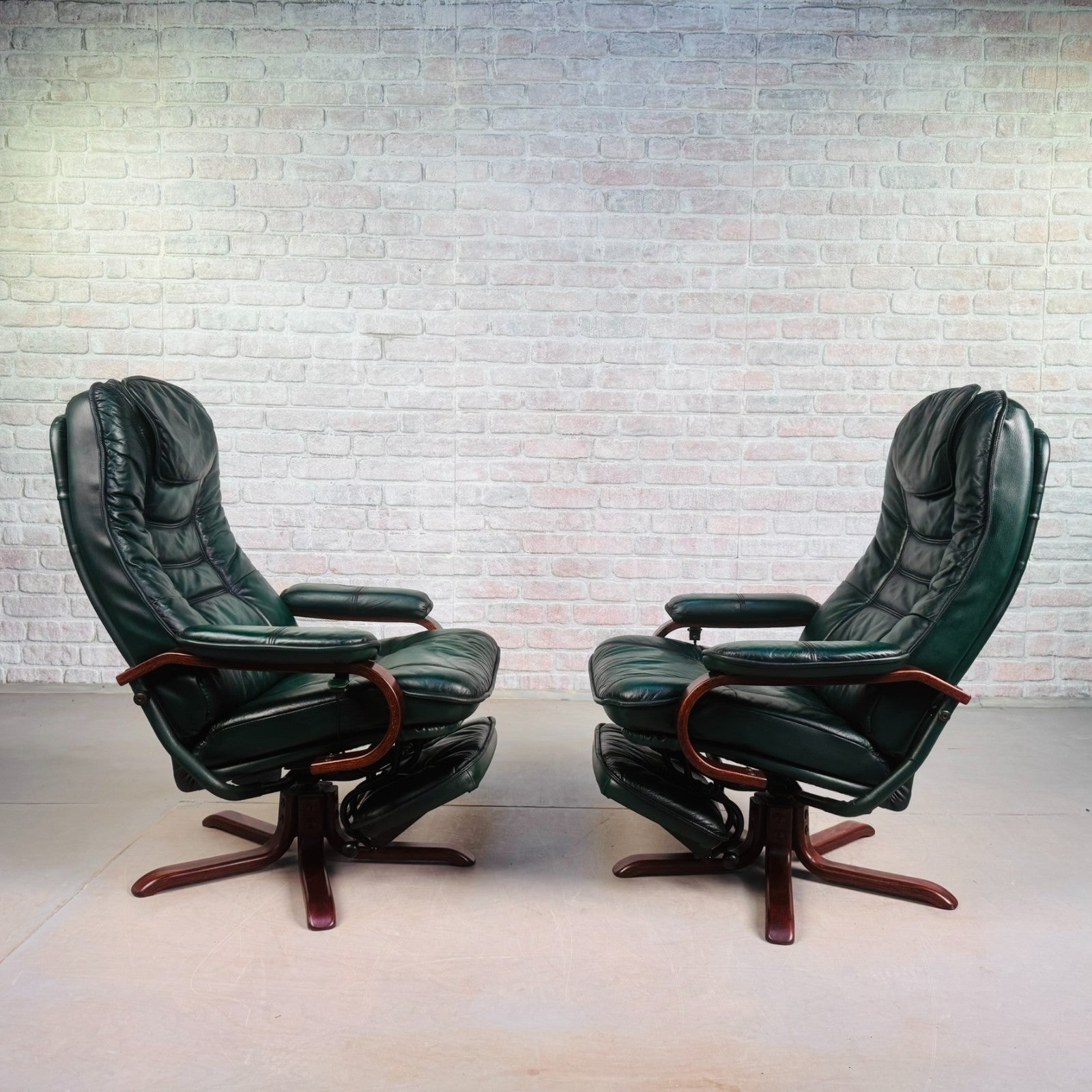 Vintage Pair of Norwegian Green Leather Reclining Swivel Chairs with Footstools