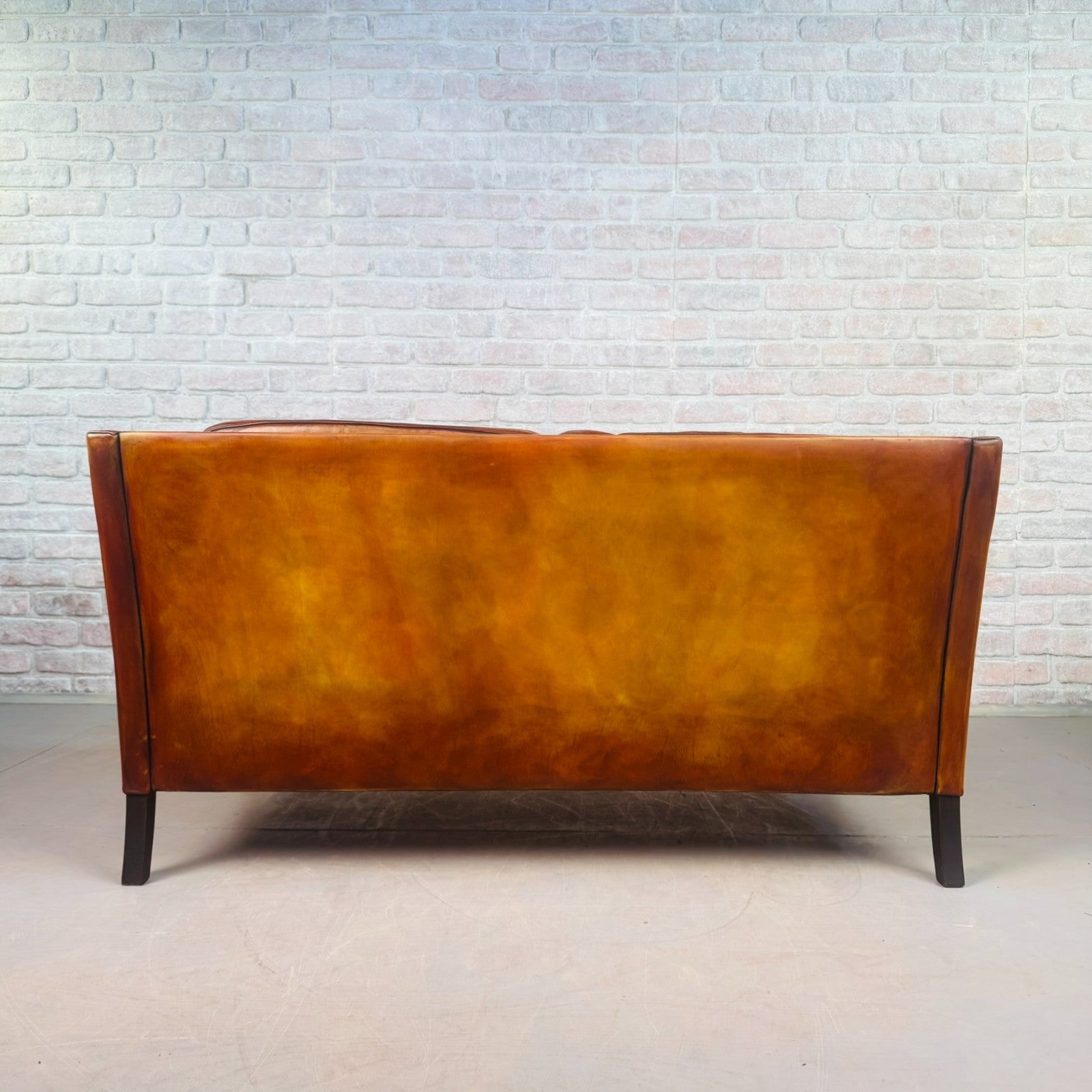 Vintage Danish Tan Leather Two-Seater Sofa 1970s Mid Century Hand Dyed