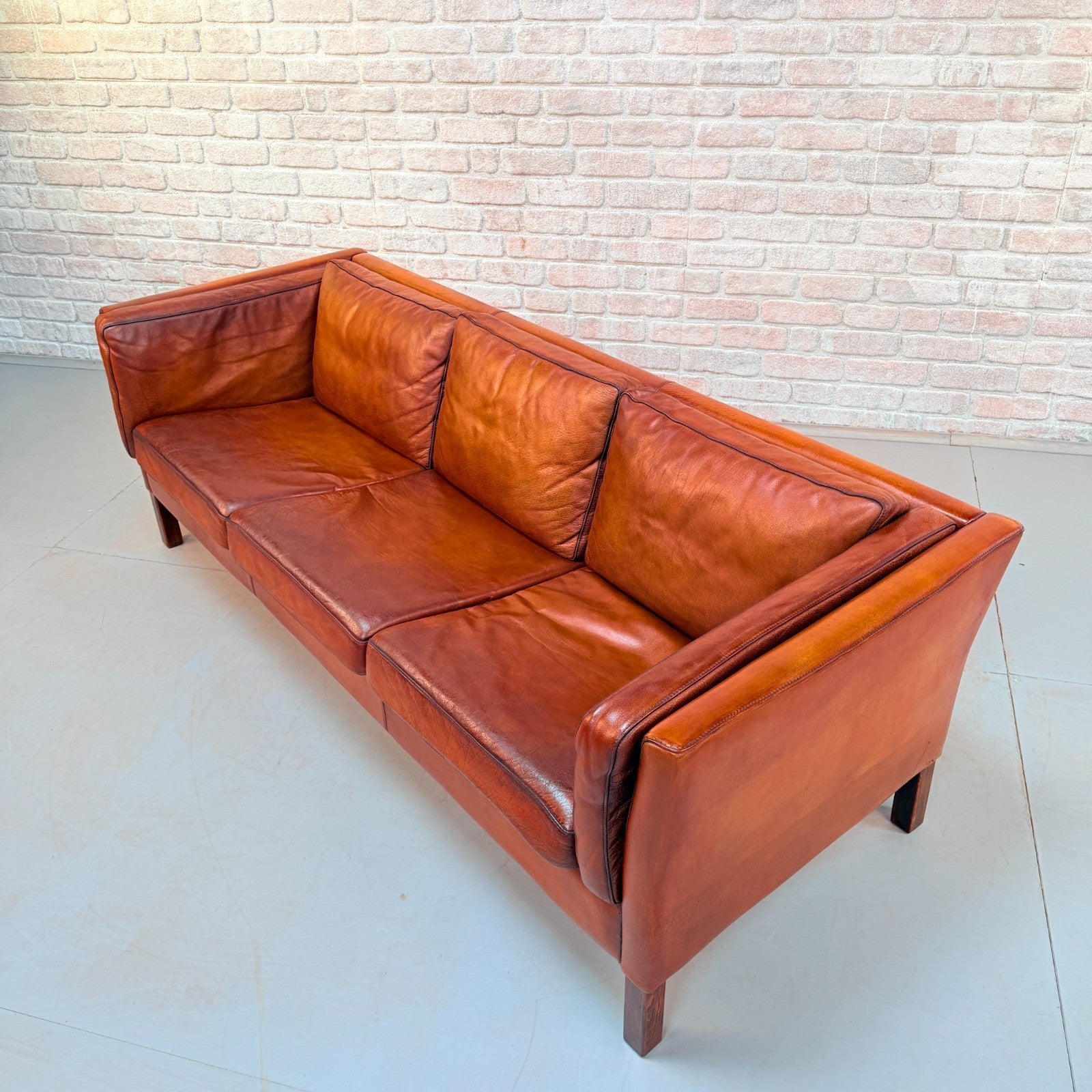 Vintage Danish Tan Hand-Dyed Leather Three Seater Sofa