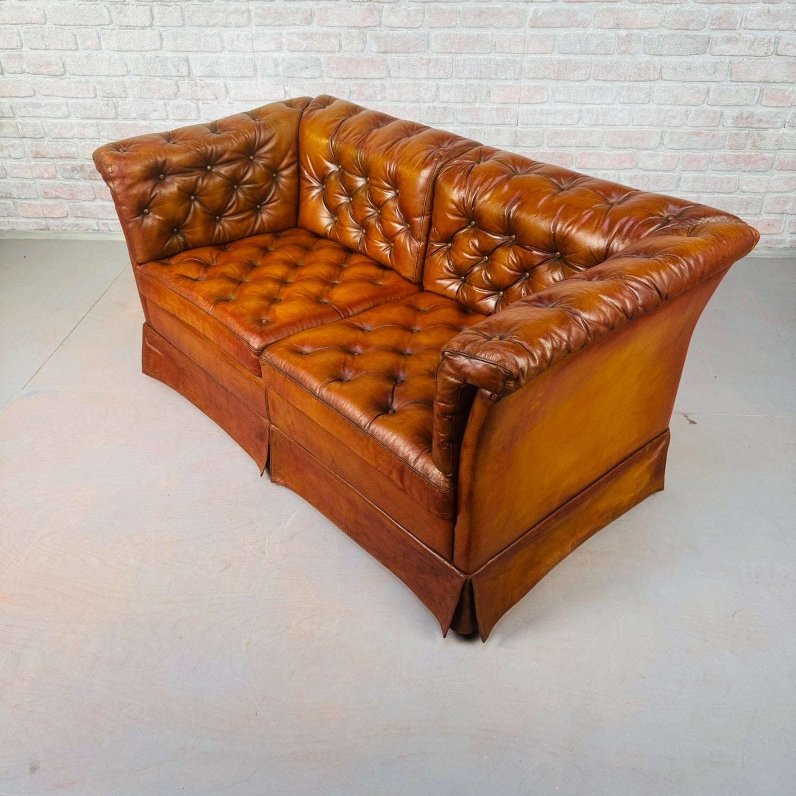 Vintage Danish Tan Leather Two Seater Sofa Fully Buttoned
