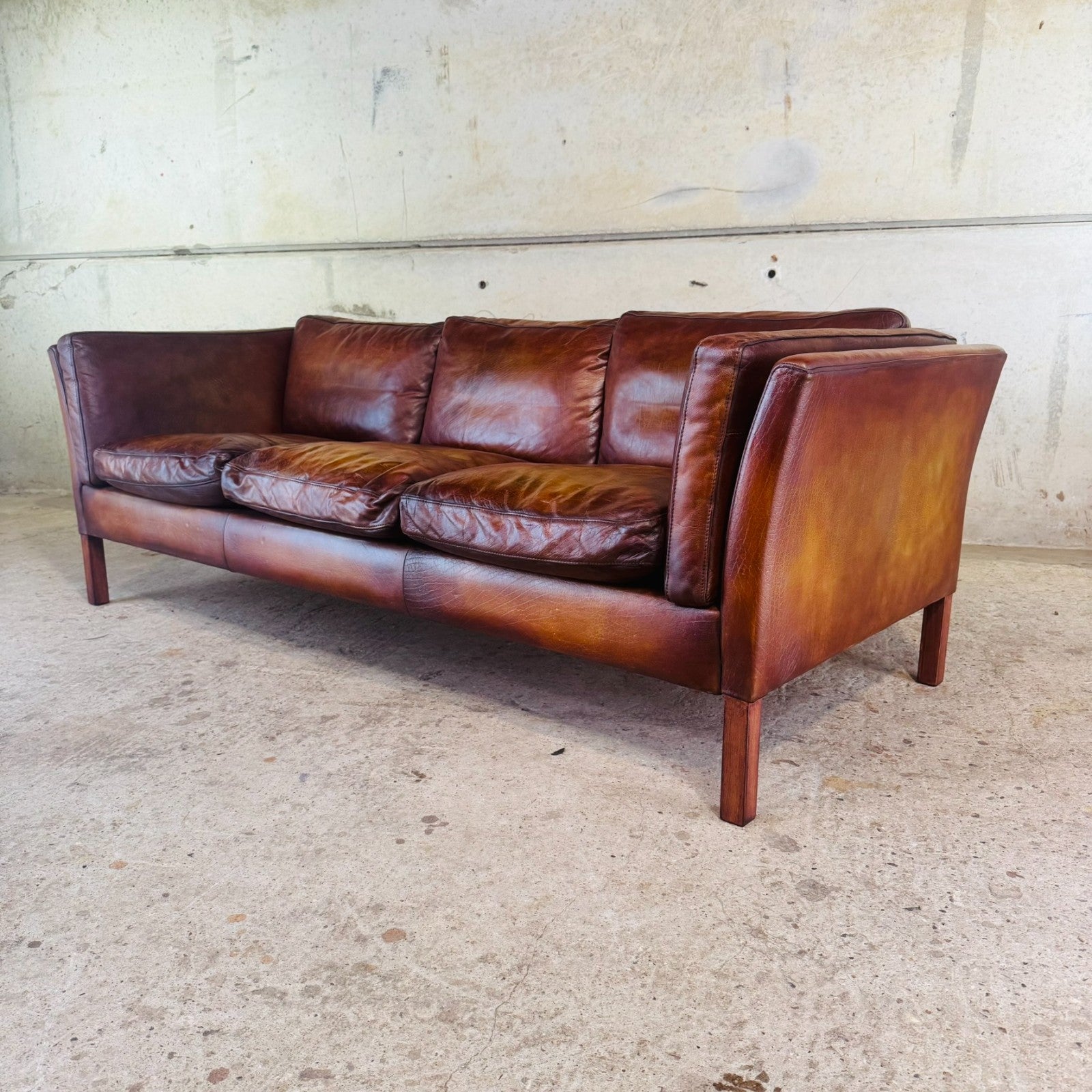 Danish Vintage Tan Leather Three-Seater Sofa — Sleek & Elegant