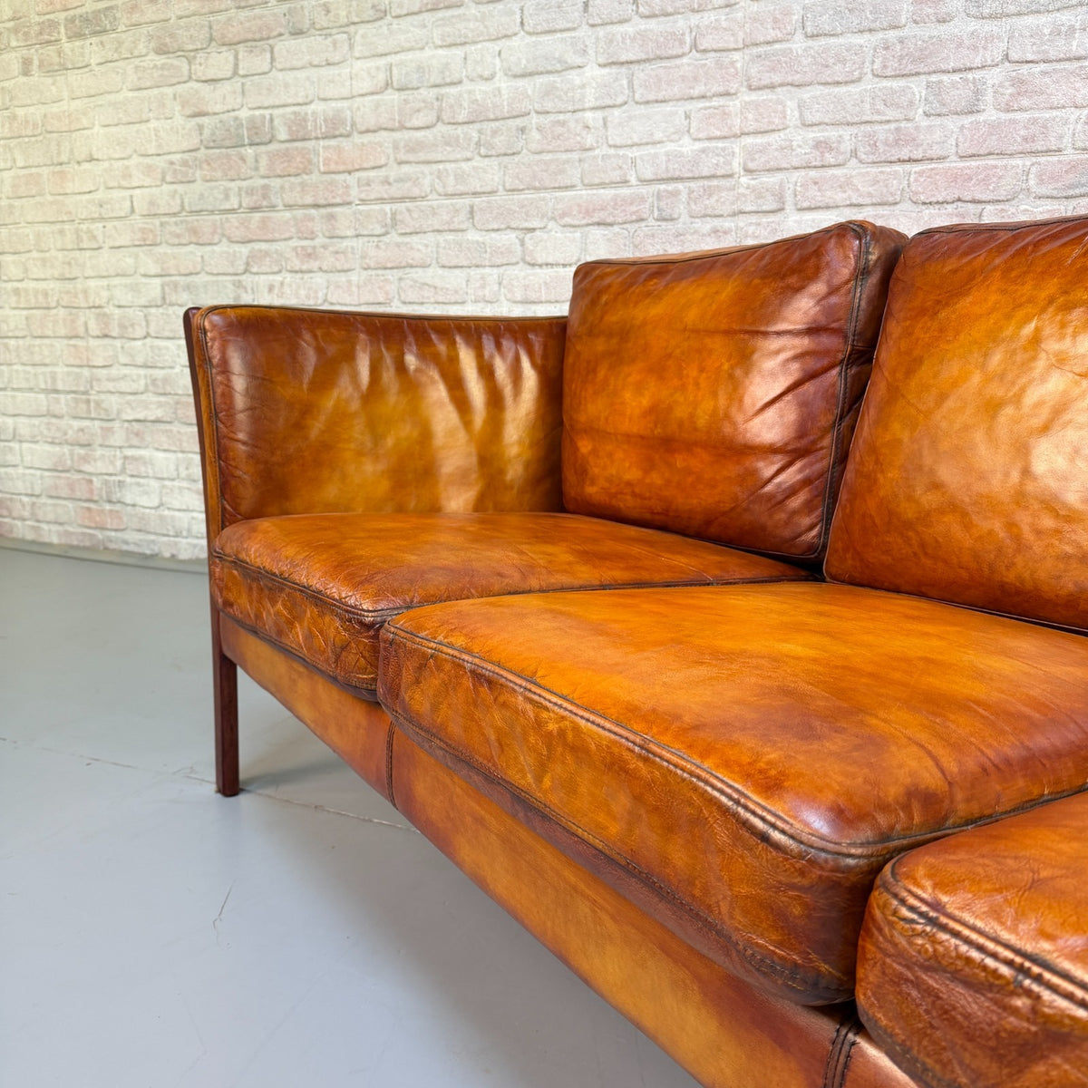 Vintage Danish Tan Leather 3 Seater Sofa – Hand Dyed Beautiful Patina