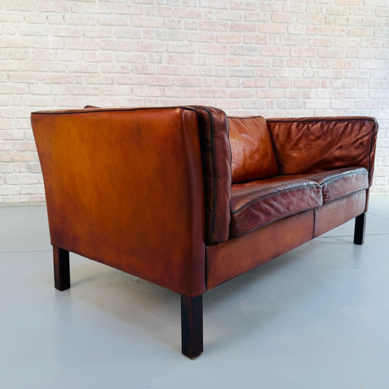 Vintage 1970s Danish Tan Leather Box Two Seater Sofa