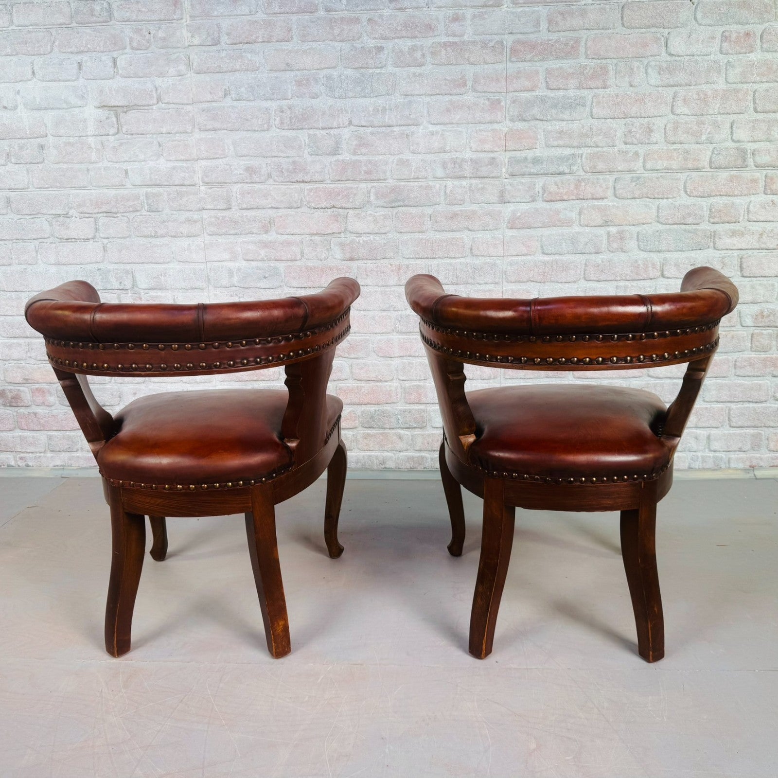 Pair of 40s Antique Danish Tan Leather Partner’s Desk Chairs Walnut Frame
