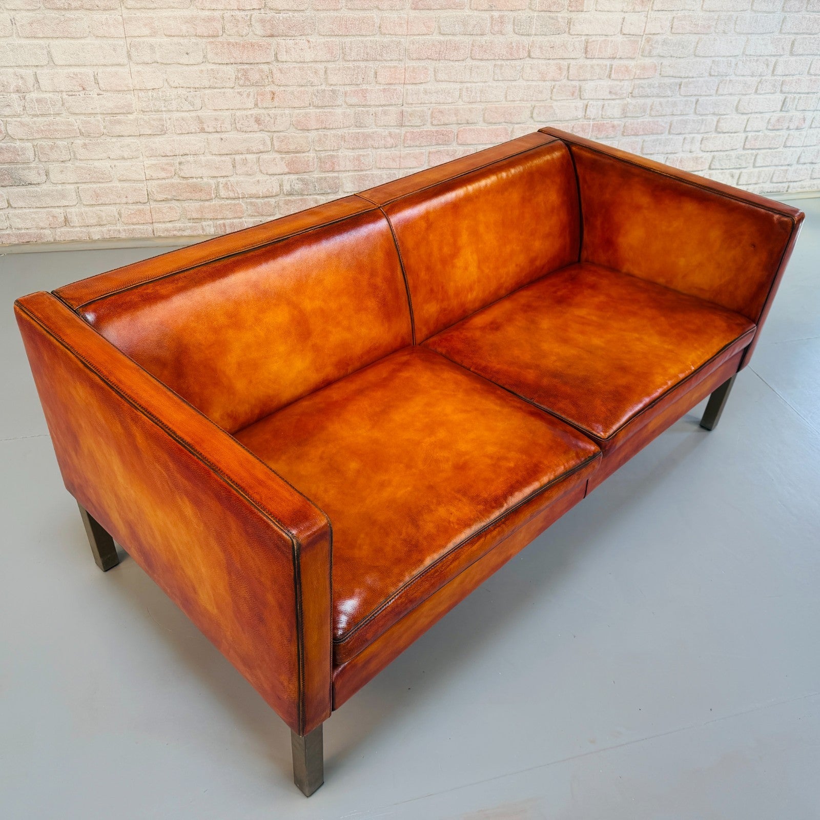 Long Vintage Danish Mogens Hansen Two Seater Light Tan Leather Sofa