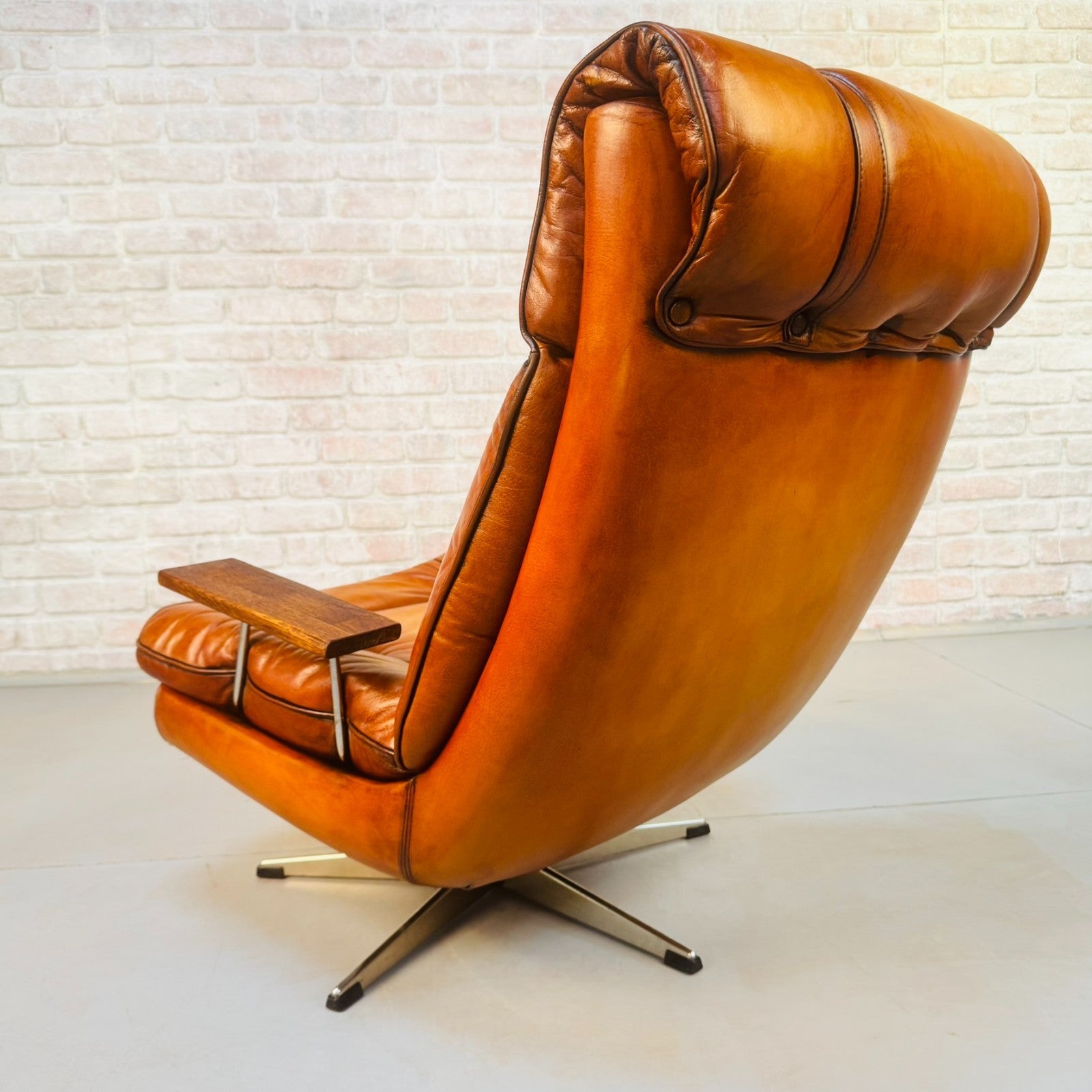 Vintage Danish Swivel Armchair Hand Dyed Tan Leather | Scandinavian Lounge
