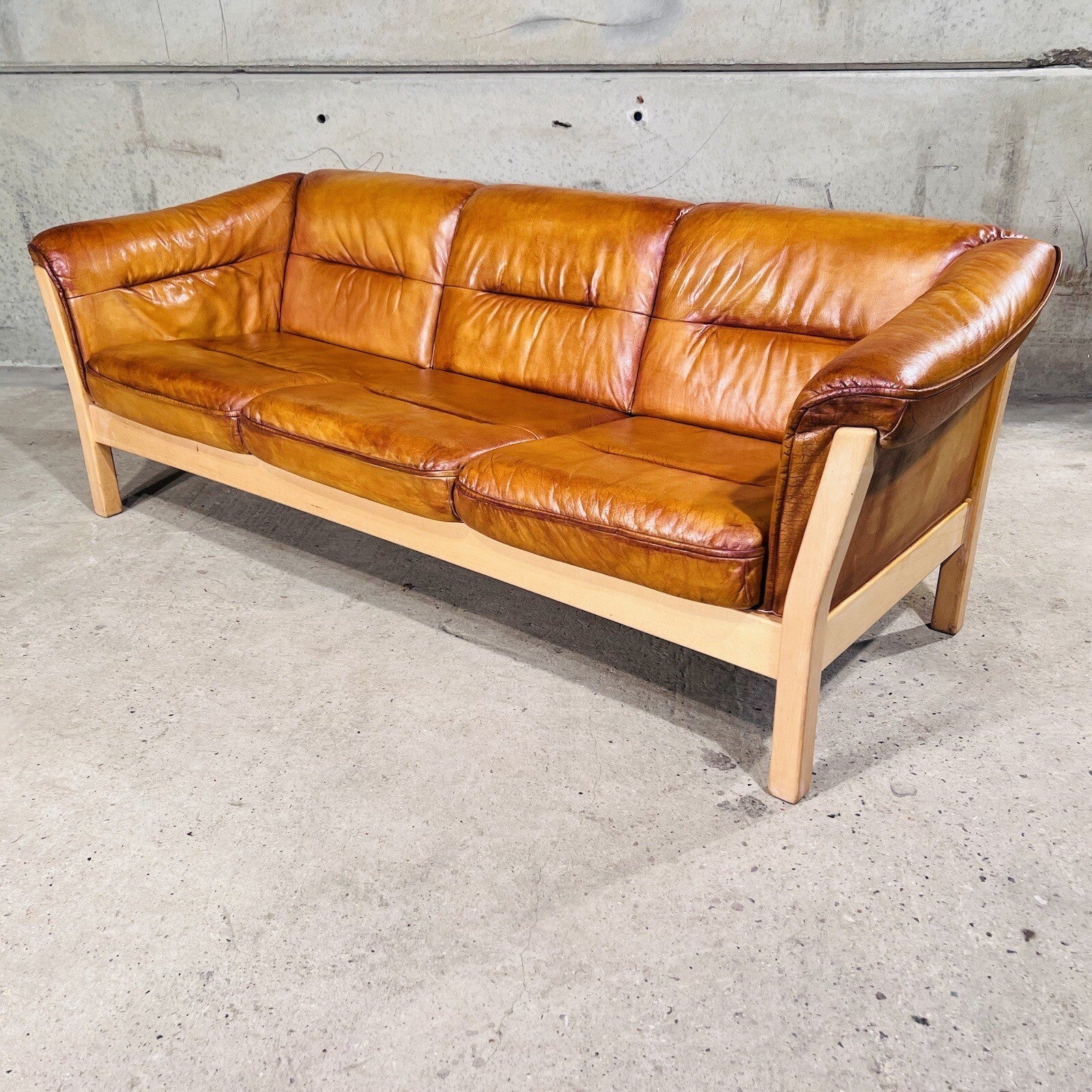 Long Vintage Swedish Three-Seater Patinated  Tan Leather Sofa