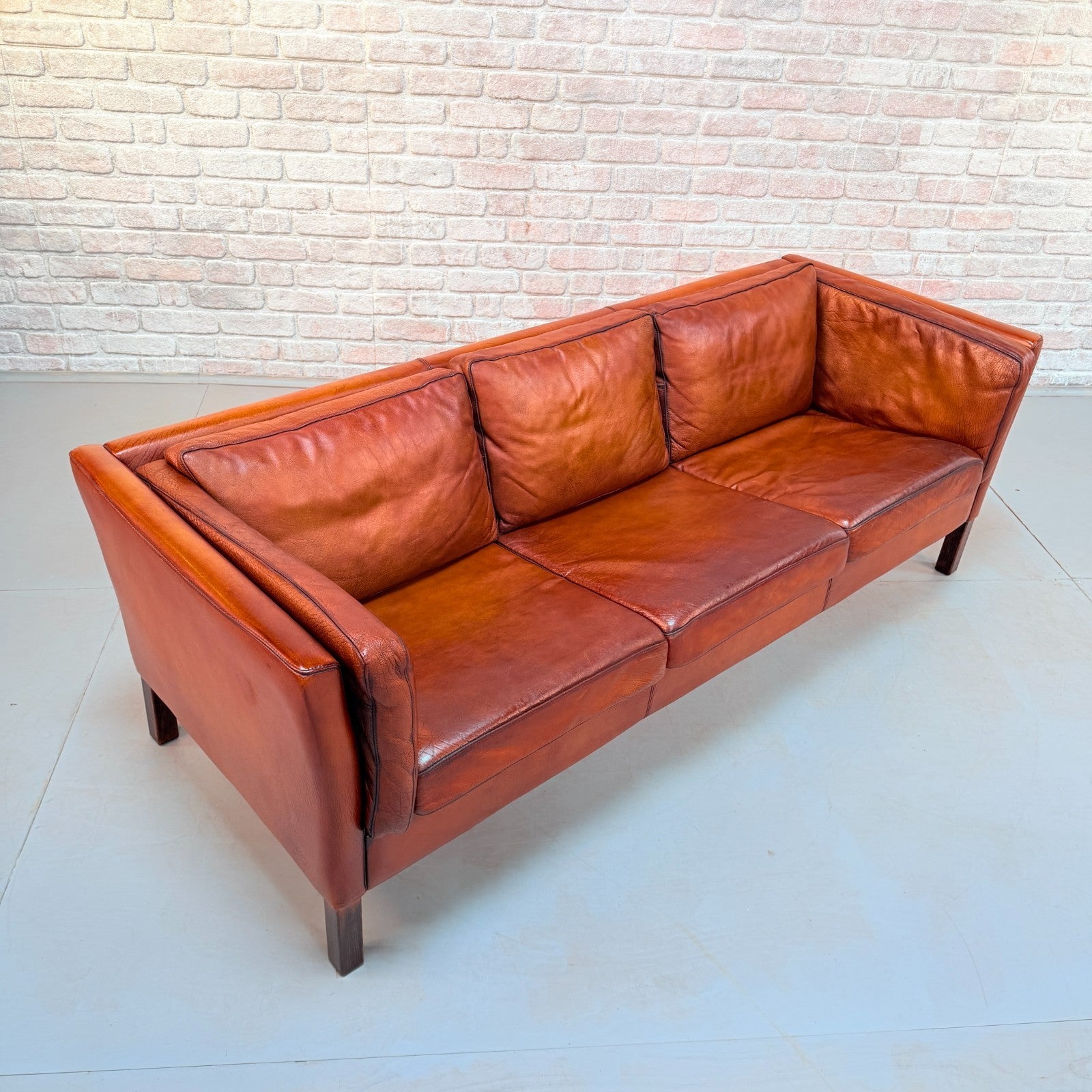 Vintage Danish Tan Hand-Dyed Leather Three Seater Sofa