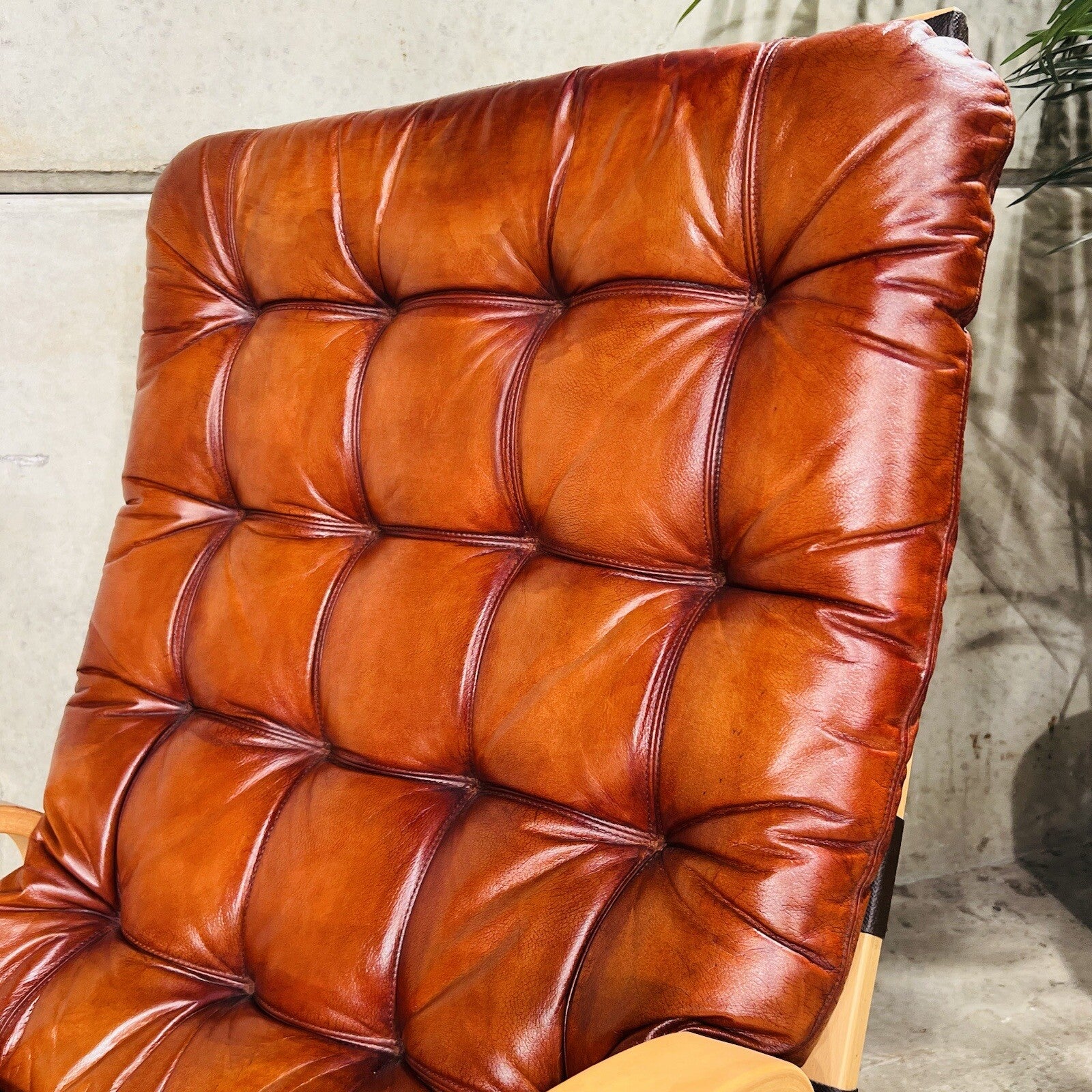 Wide Back Vintage 1970s Danish Cognac Leather Birch Bentwood Pair of Chairs