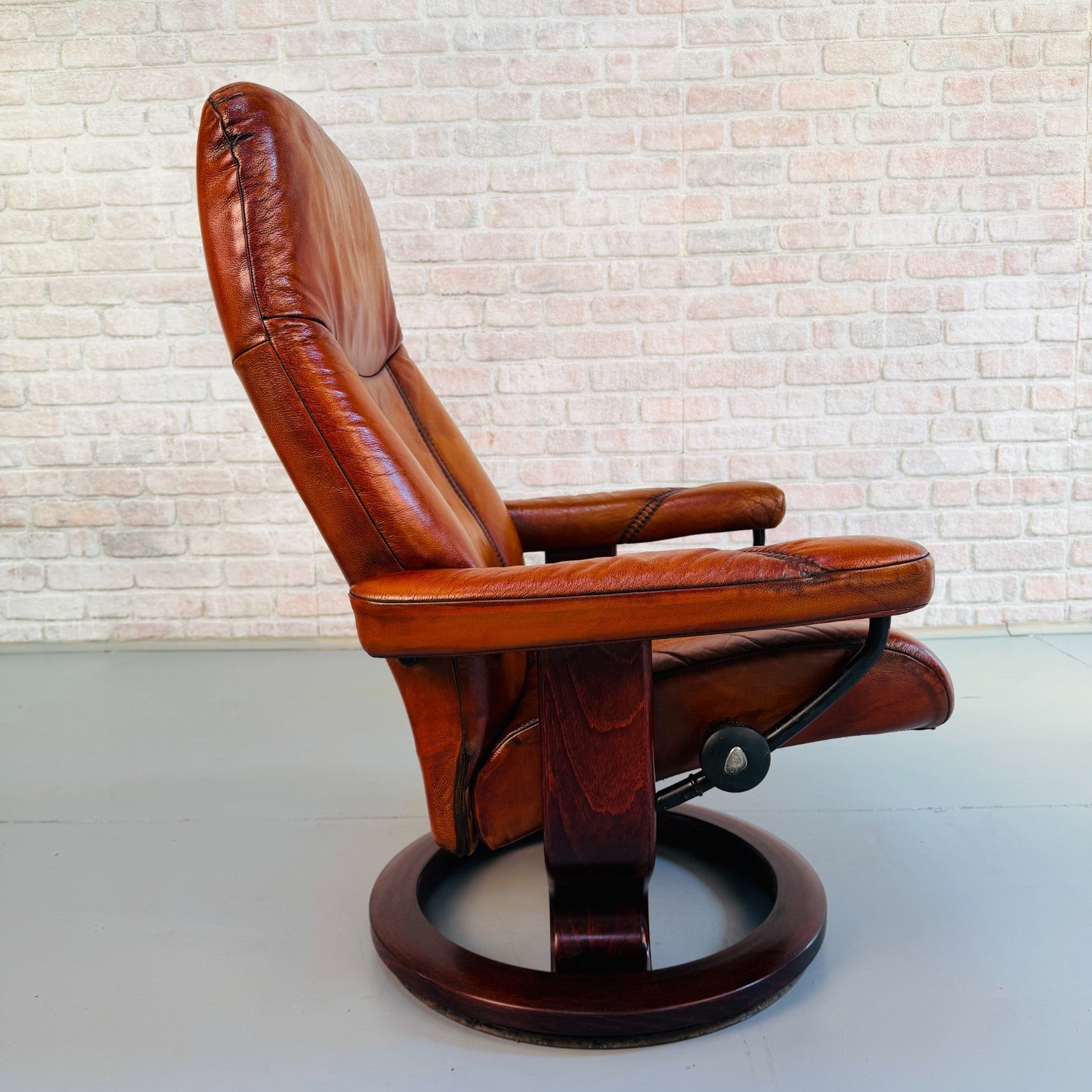 Vintage Danish Ekornes Reclining Swivel Armchair Tan Leather with Footstool
