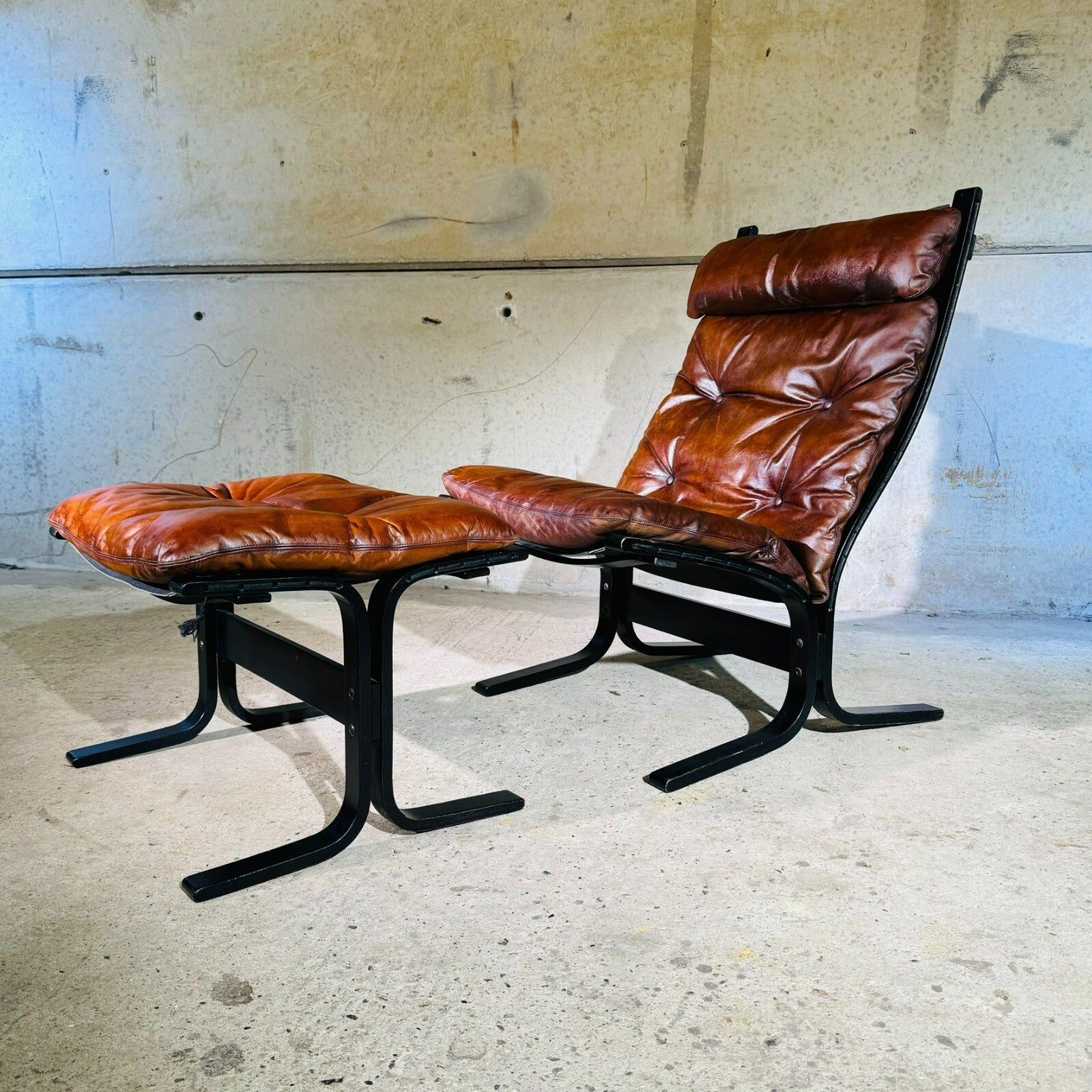 Vintage 1970s Westnofa Highback Tan Leather Chair & Footstool Ebonised Beech