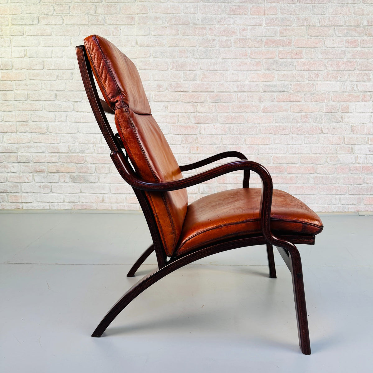 Vintage Danish Stouby Cognac Tan Leather Lounge Armchair Bentwood Beech Frame