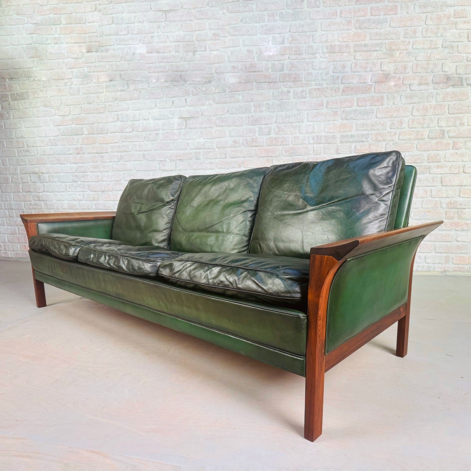 1960s Danish Green Leather Three-Seater Sofa & His & Hers Armchairs Golstrup