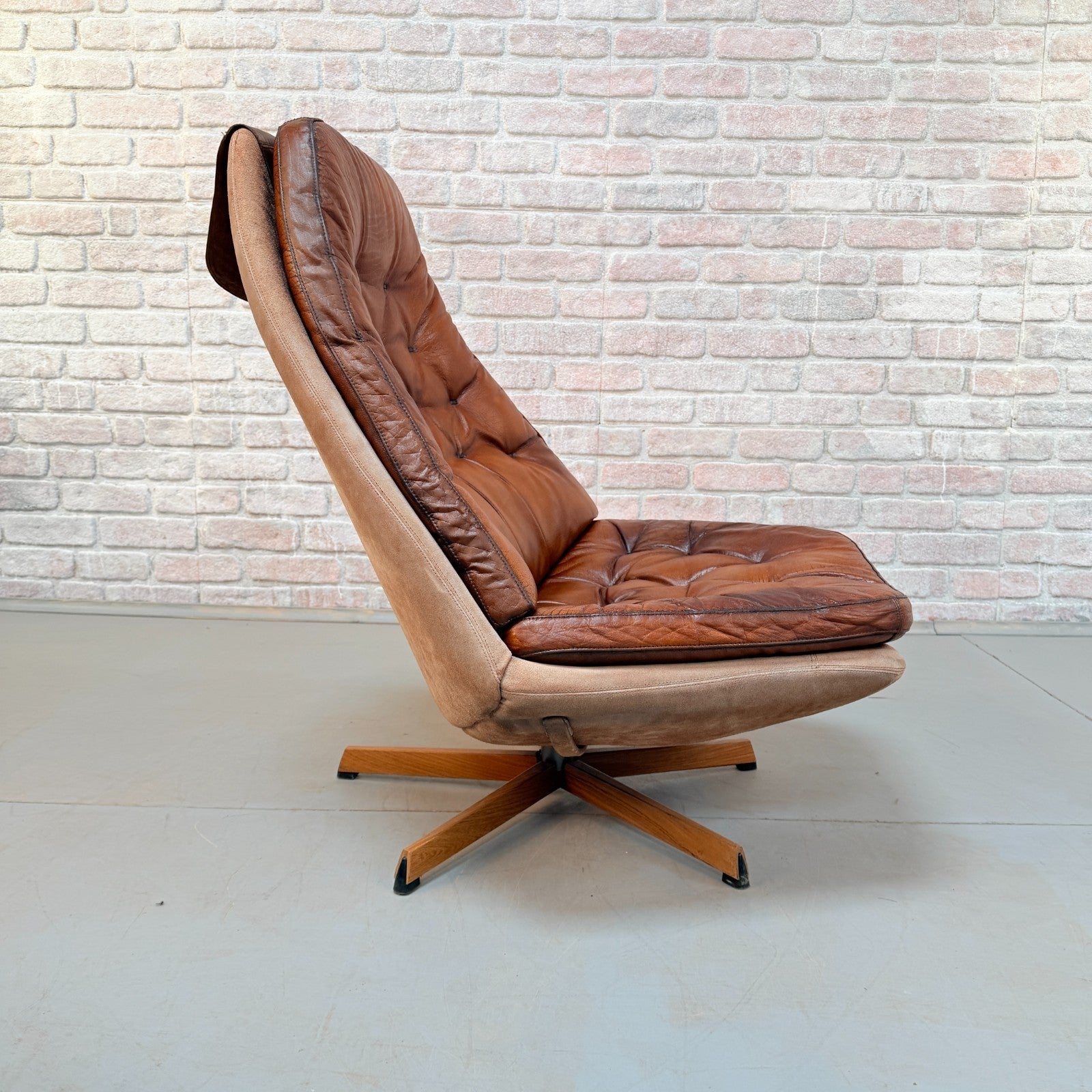 1960s Pair of Madsen & Schubell MS68 Cognac Leather Lounge Chairs & Footstools