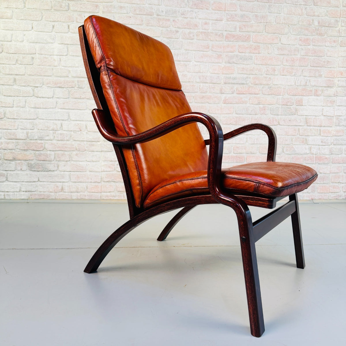 Vintage Danish Stouby Cognac Tan Leather Lounge Armchair Bentwood Beech Frame