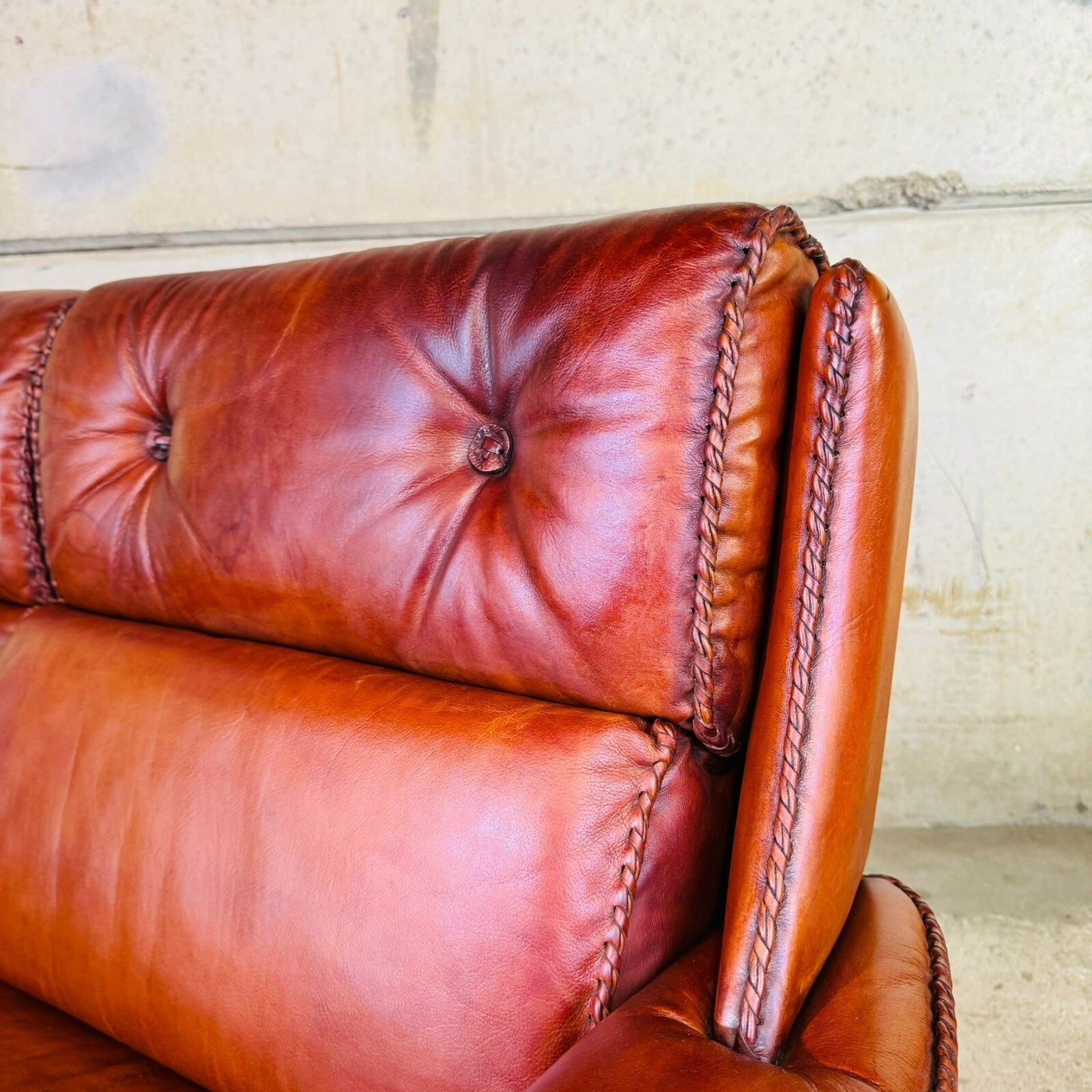 1970s Vintage Danish Long Three-Seater Cognac Leather Sofa – High Back