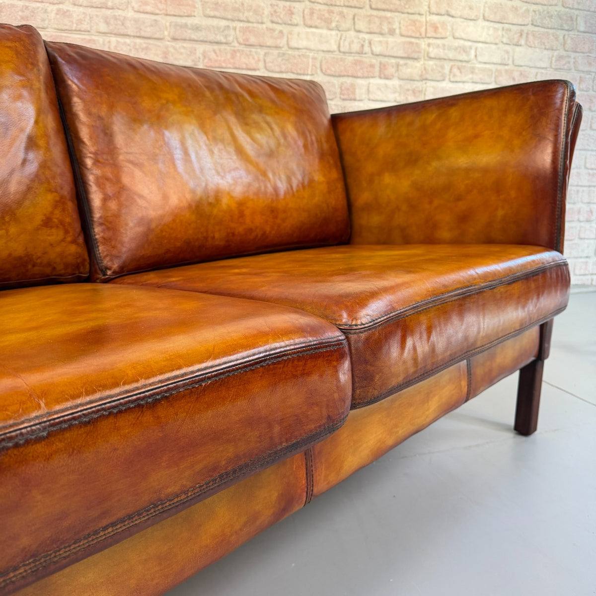 Vintage Danish Hand Dyed Tan Leather 2.5 Seater Sofa Mid Century