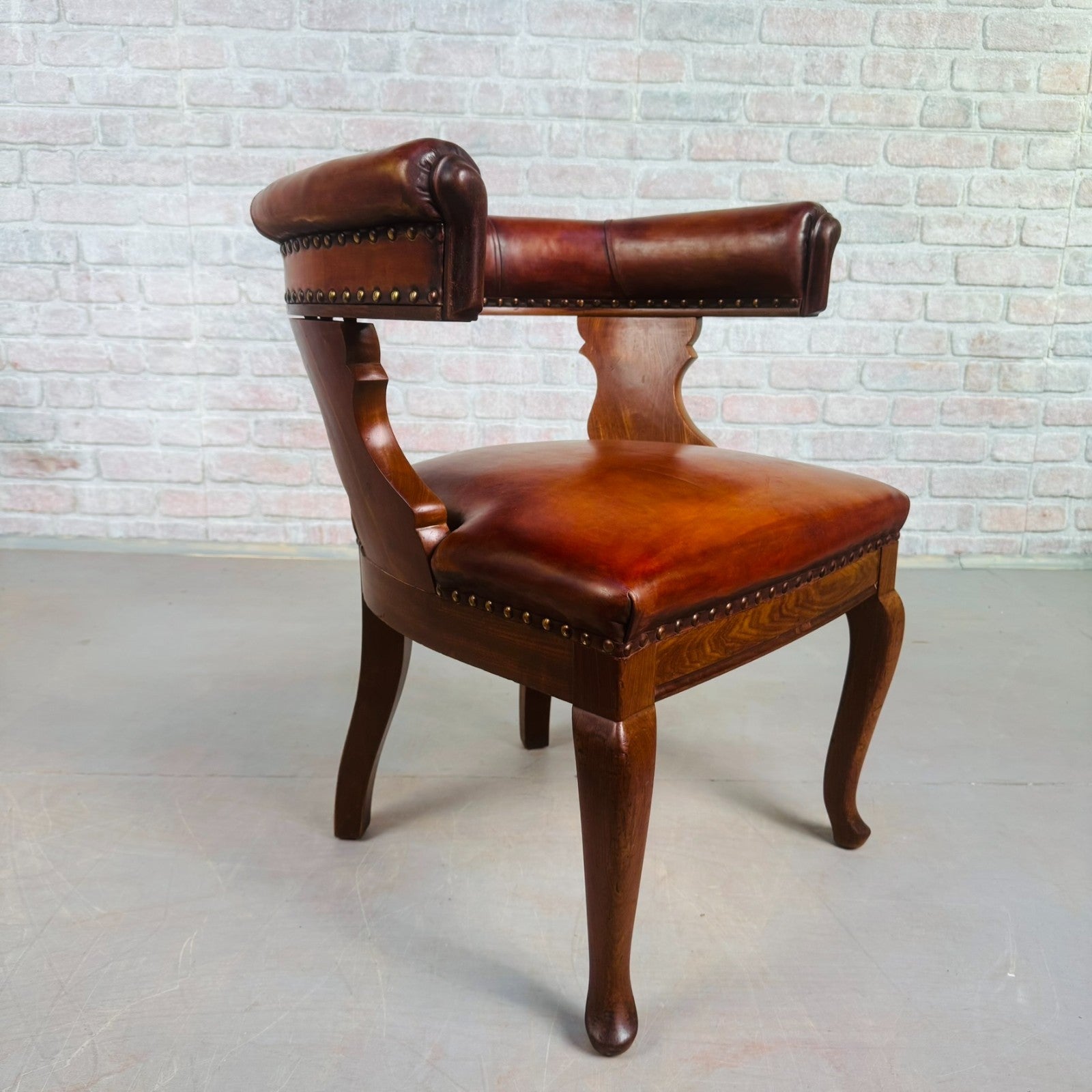 1940s Antique Danish Tan Leather Partner’s Desk Chair - Walnut Frame