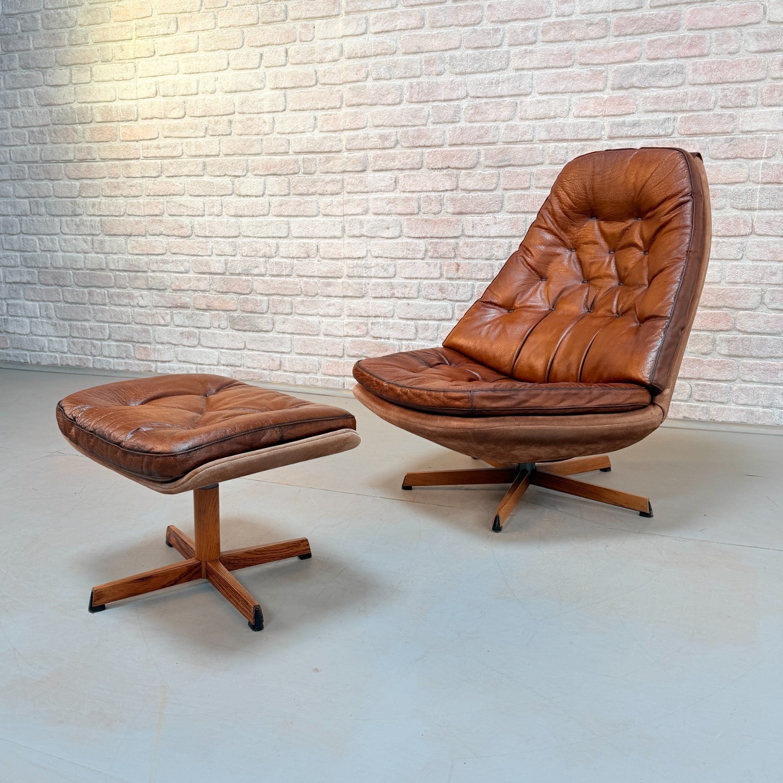 1960s Pair of Madsen & Schubell MS68 Cognac Leather Lounge Chairs & Footstools