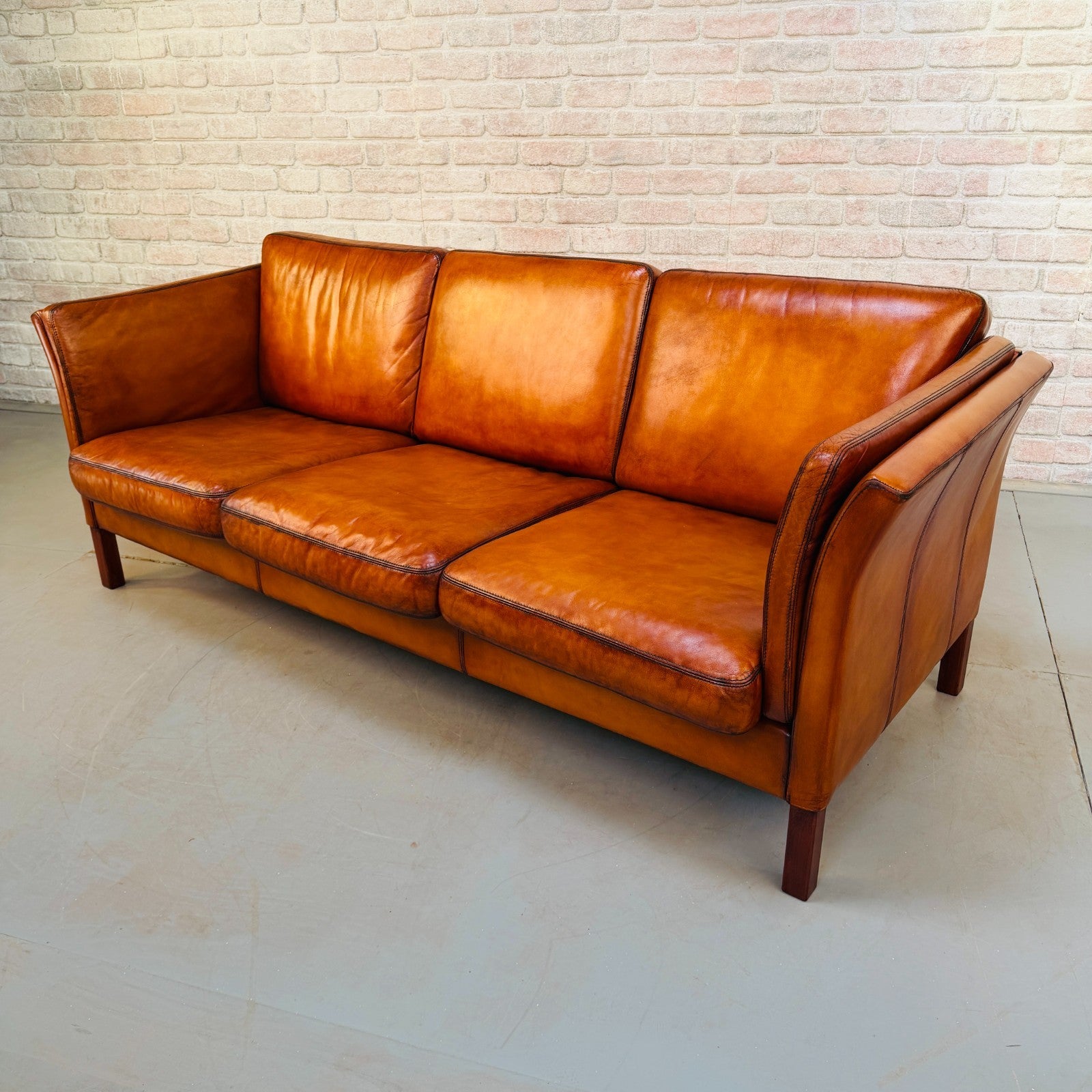 Vintage 1970s Danish Cognac Hand-Dyed Leather Three Seater Box Sofa