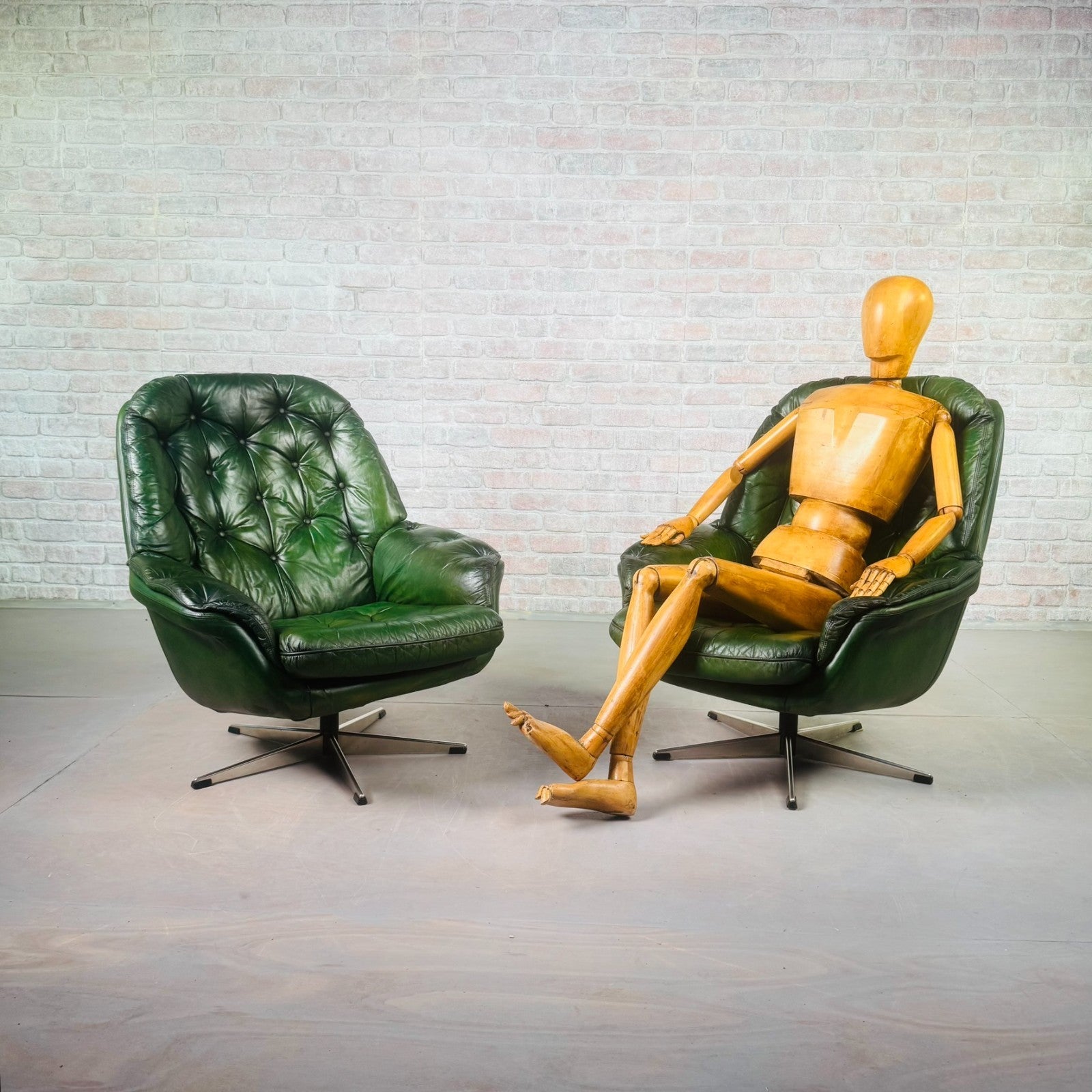Pair of Vintage Danish Green Leather Swivel Chairs