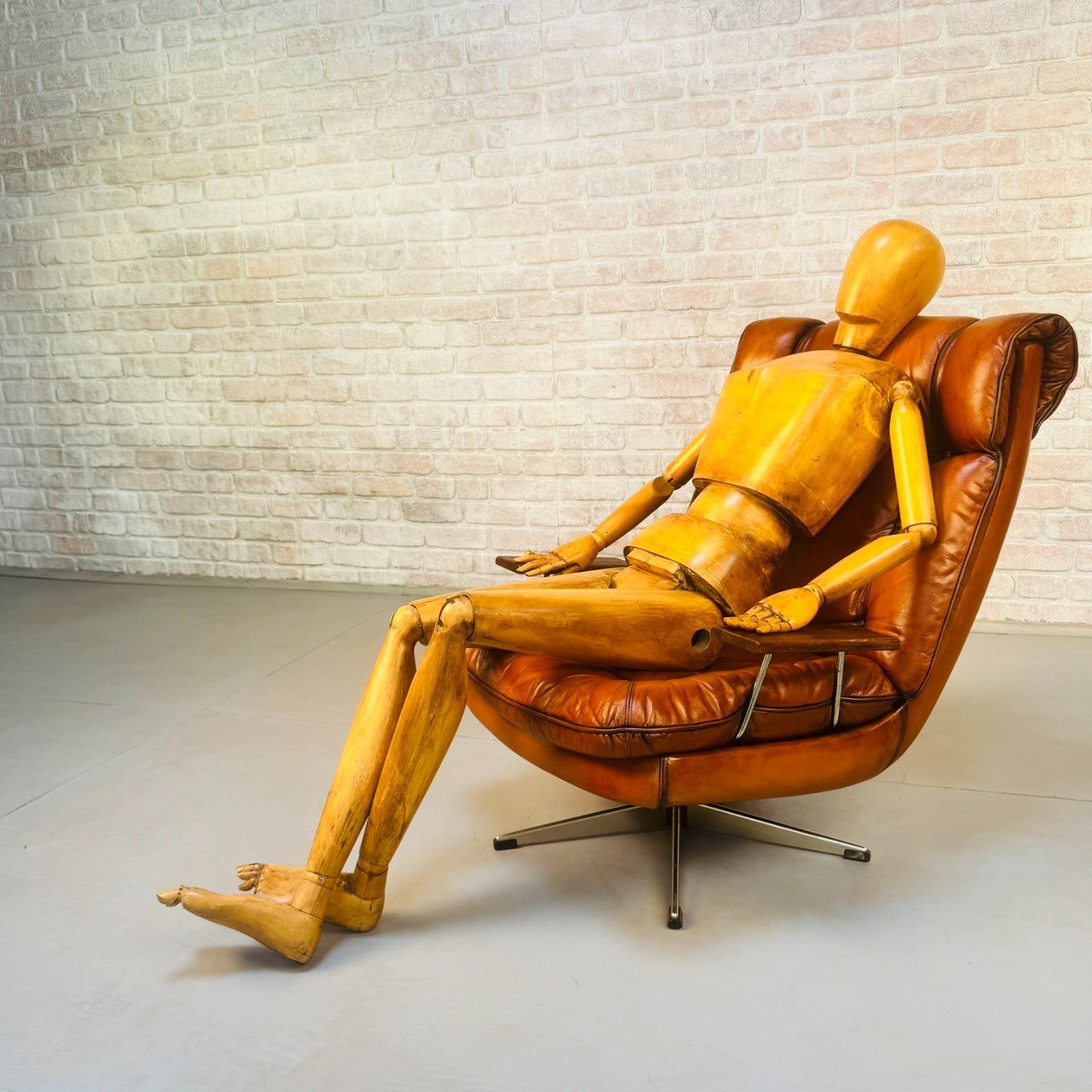 Vintage Danish Swivel Armchair Hand Dyed Tan Leather | Scandinavian Lounge