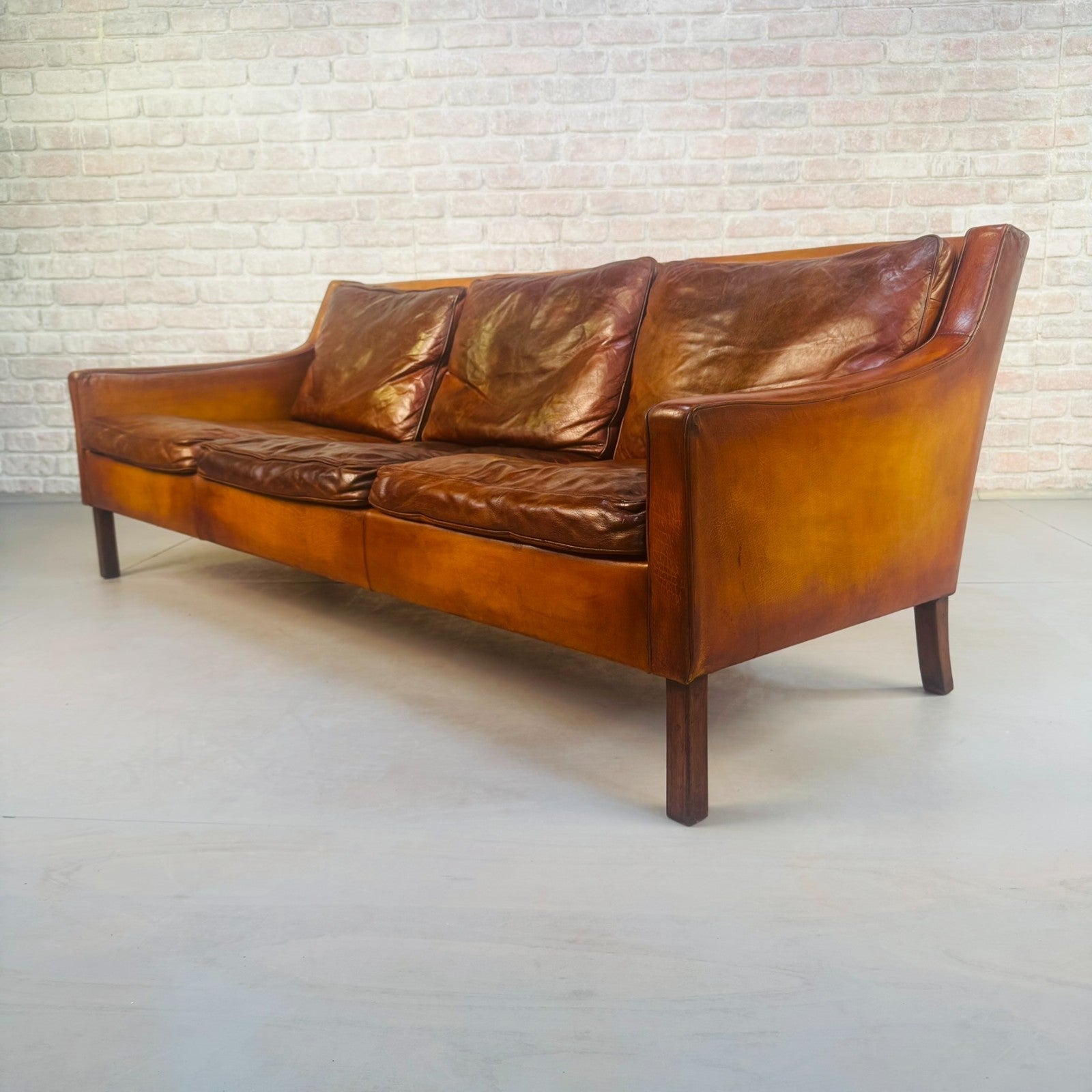 1960s Swedish Patinated Tan Leather 3-Seater Sofa – Dark Walnut Legs