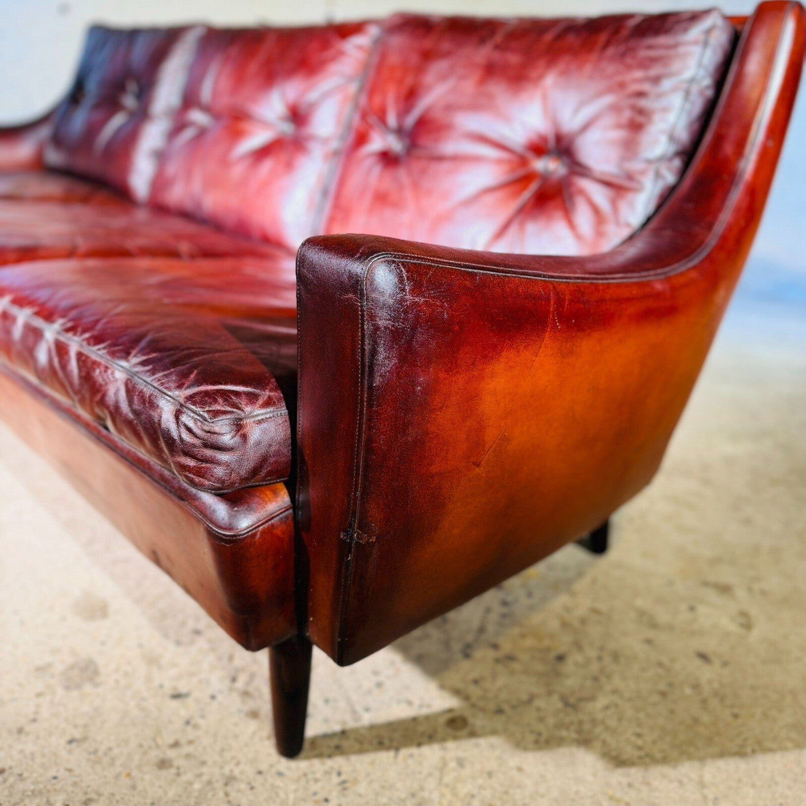 Vintage 1970s George Thams Danish Chestnut Three-Seater Leather Sofa