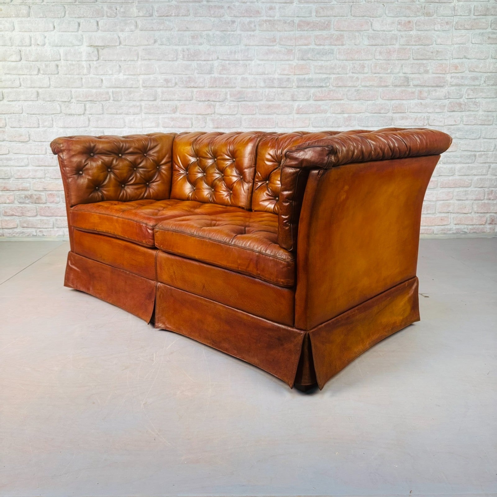 Vintage Danish Tan Leather Two Seater Sofa Fully Buttoned