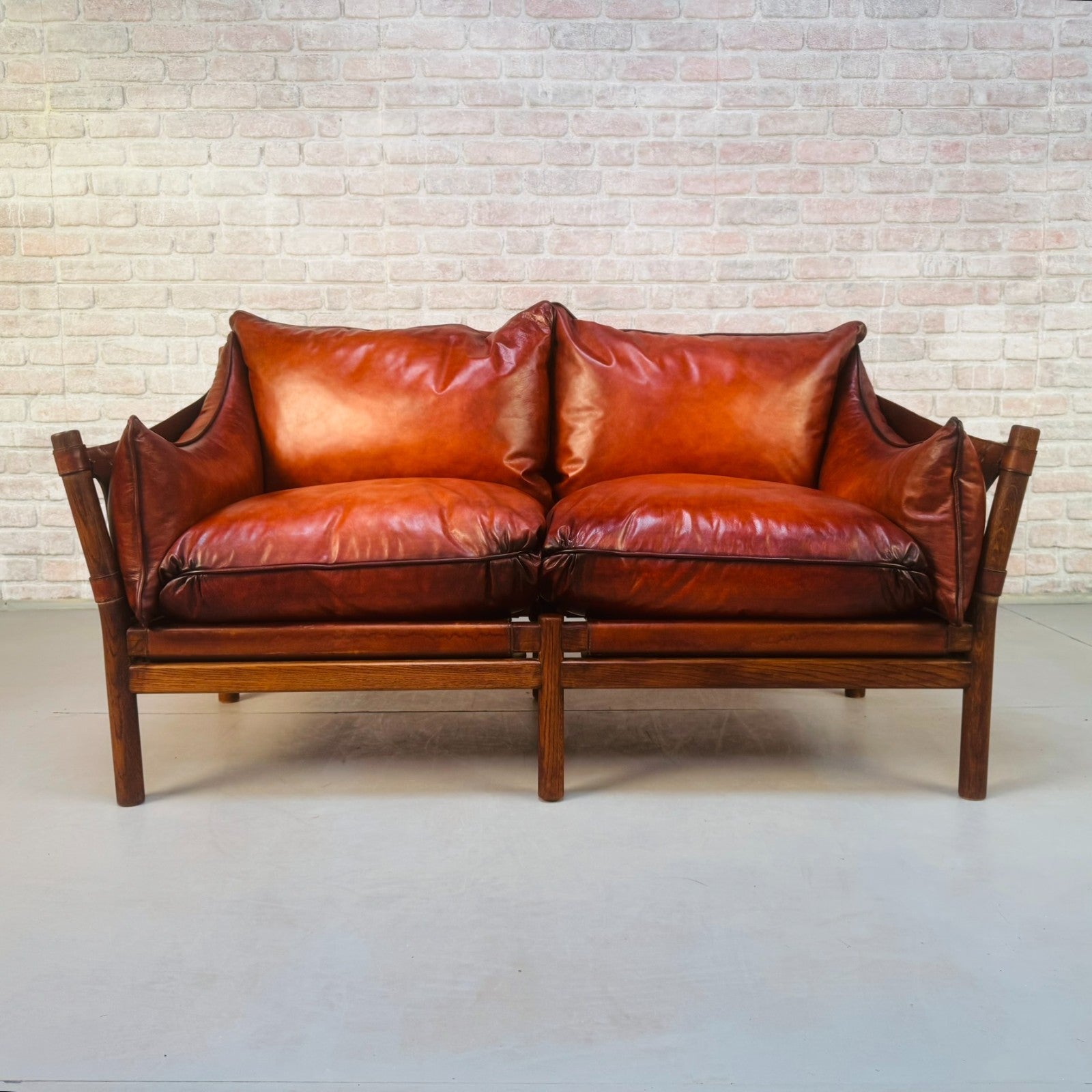 Vintage Swedish 60s Arne Norell “Ilona” Tan Leather Sofa & Pair of Saf