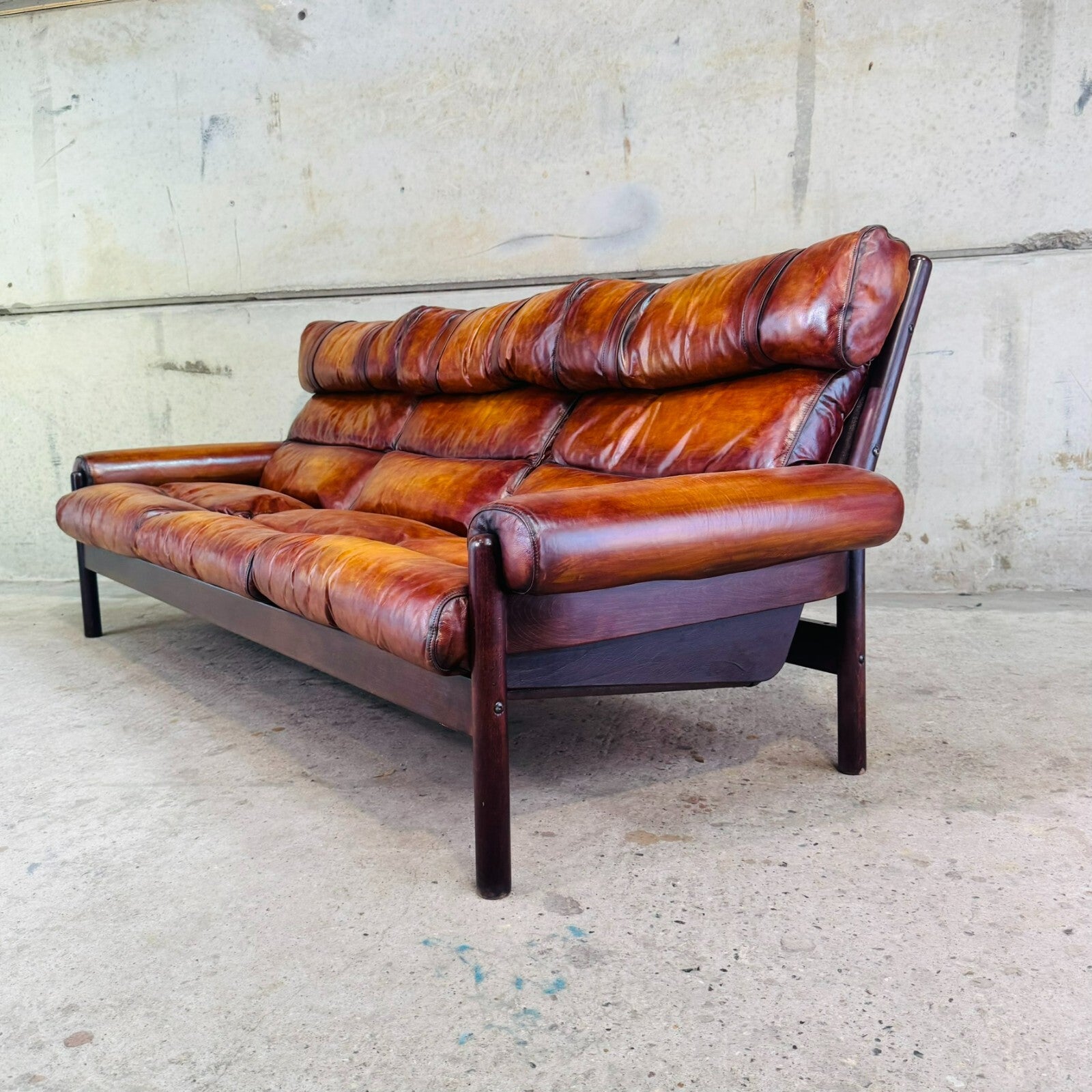 Vintage 70s Swedish Arne Norell Safari Three-Seater Tan Leather Sofa