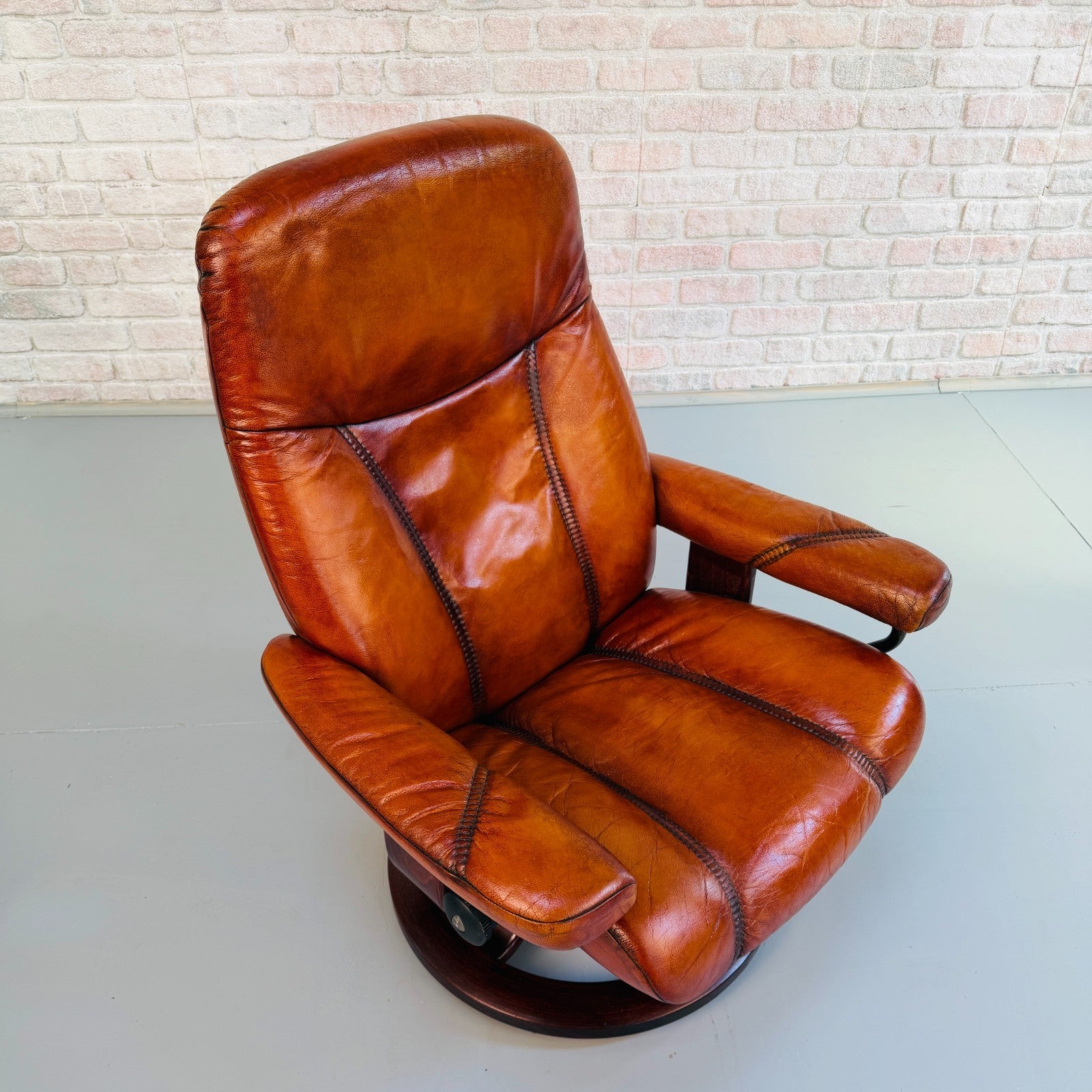 Vintage Danish Ekornes Reclining Swivel Armchair Tan Leather with Footstool